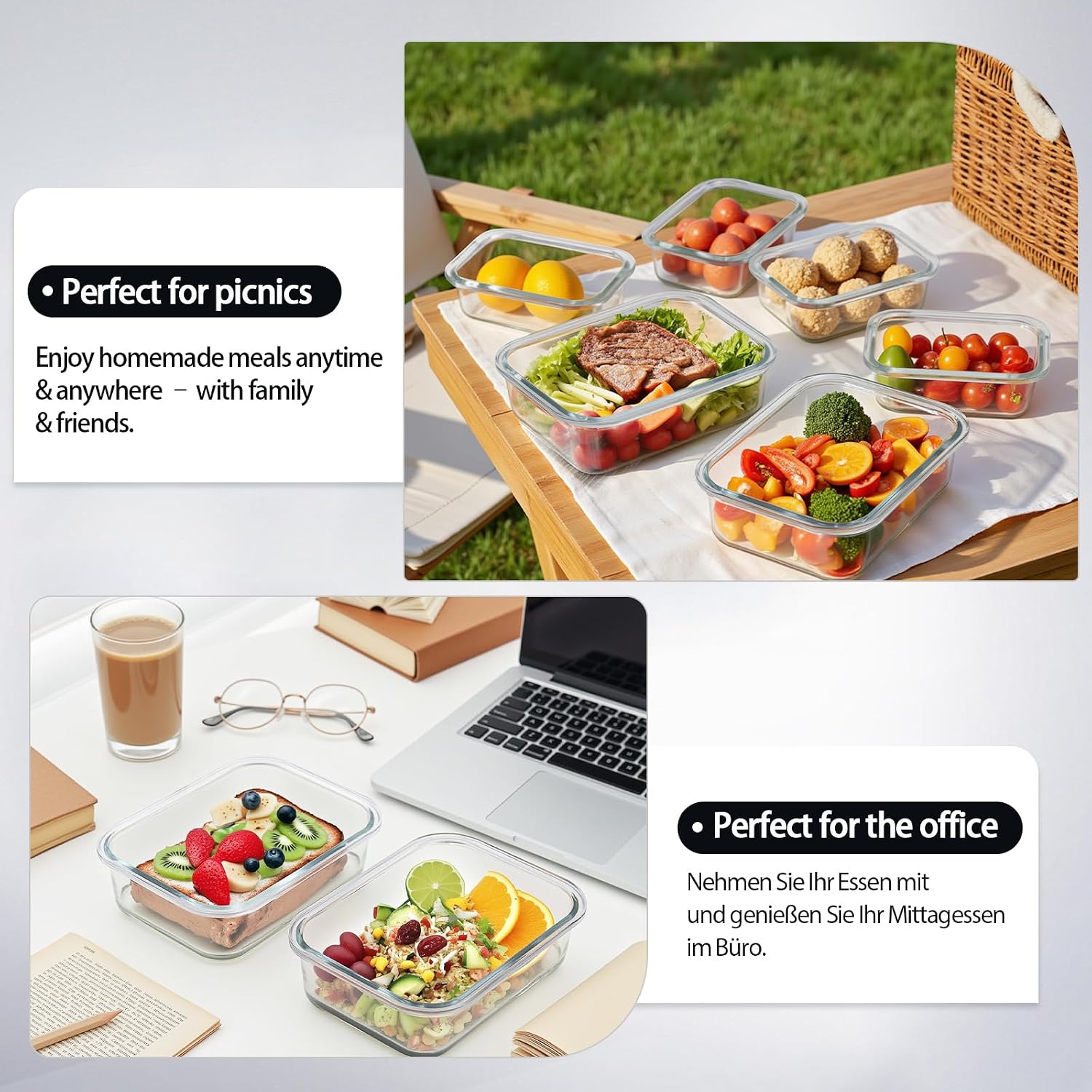 Thumbnail 6 de S SALIENT Glas-Frischhaltedosen Set – 10-teiliges Meal-Prep Glasbehälter-Set mit Deckel (5x1050ml + 5x370ml)