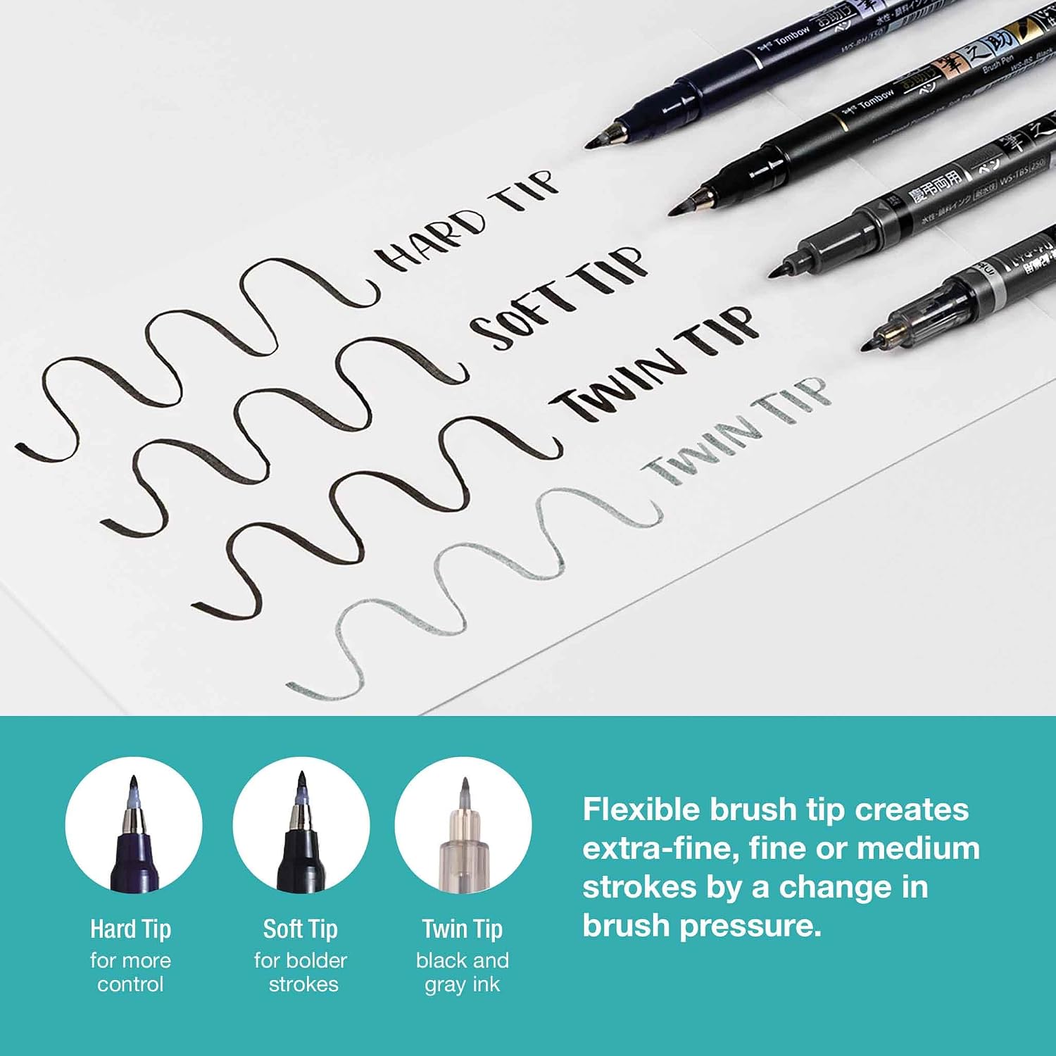 Detalle de Tombow 62039 Fudenosuke Brush Pens, 3-Pack, Soft, Hard & Twin Tips