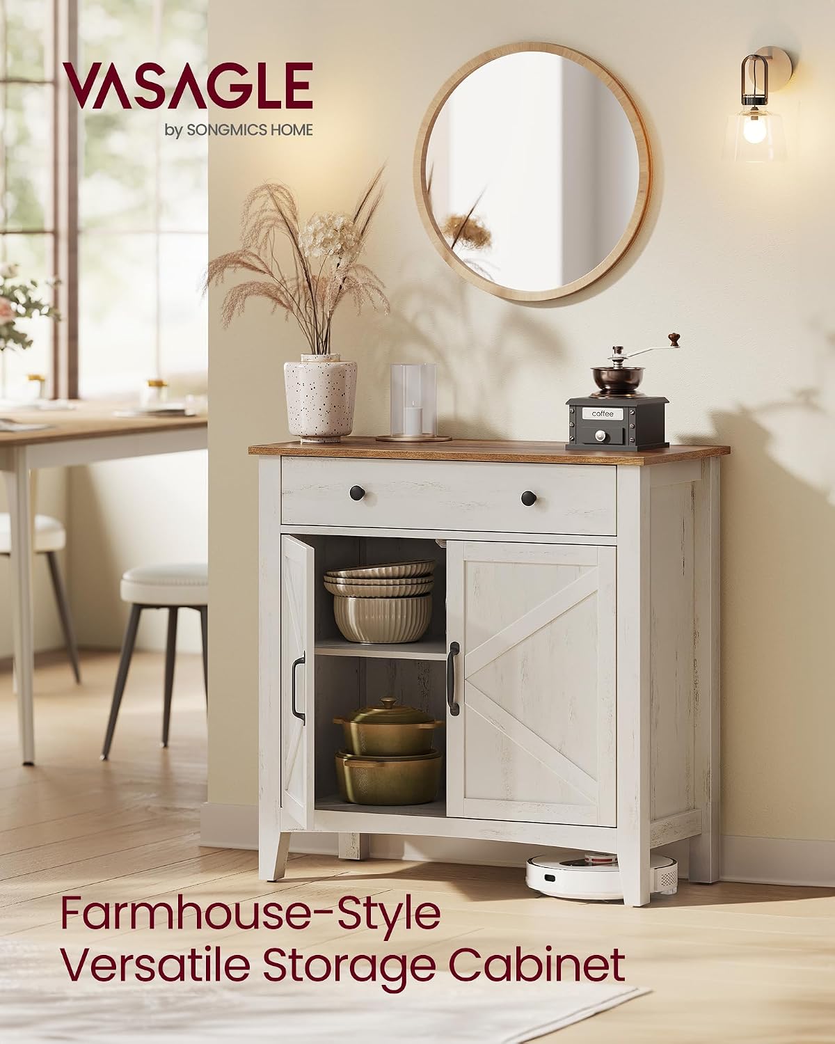 Detalle de VASAGLE UBBK341W01 Farmhouse Coffee Bar Cabinet with Adjustable Shelf
