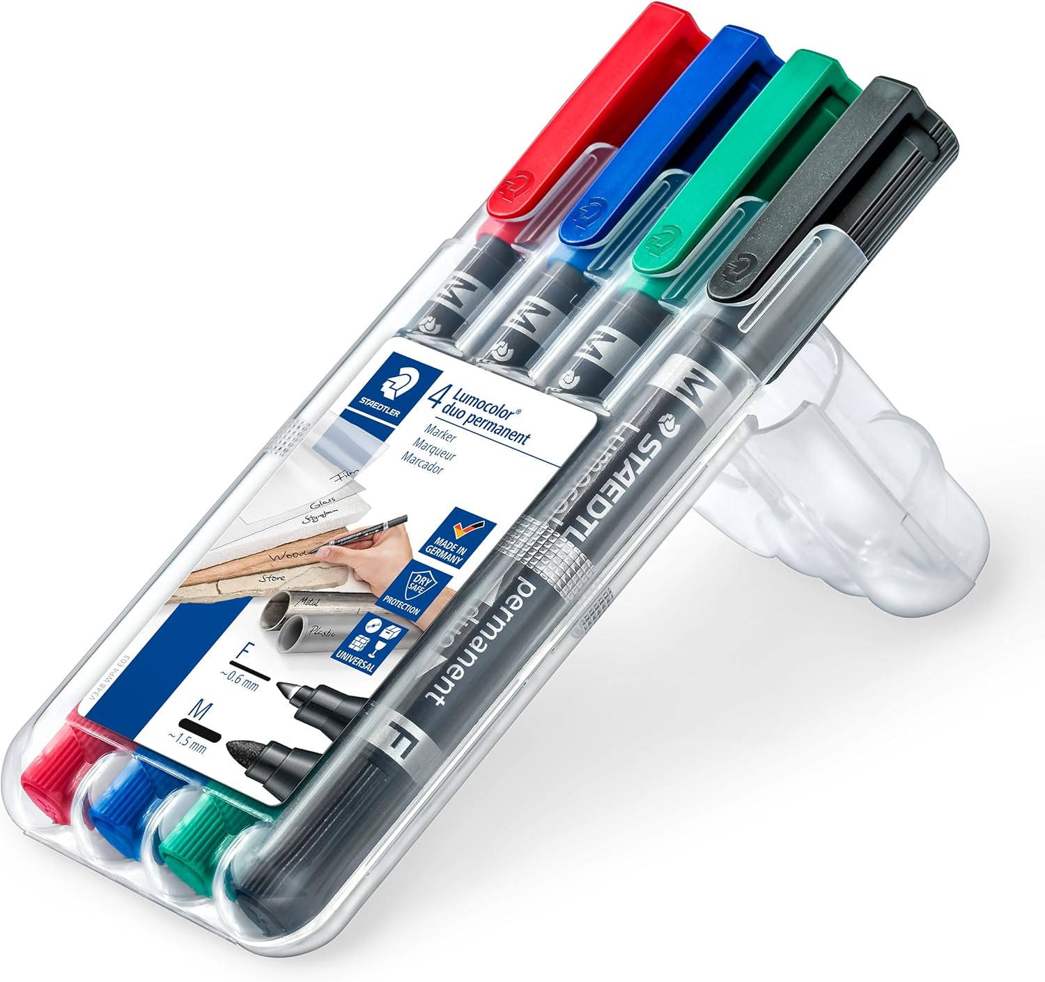 Thumbnail 1 de Staedtler Lumocolor 348 WP4 – Feutres indélébiles à double pointe (0,6 et 1,5 mm) avec étui chevalet 4 couleurs
