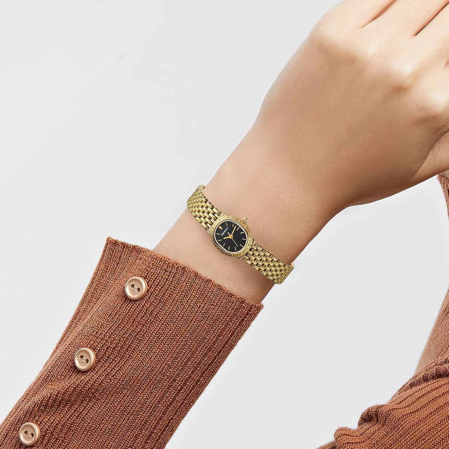 Thumbnail 4 de BERNY Gold Damenuhr mit Quarzwerk – ovale kleine Armbanduhr in Goldoptik inkl. Werkzeugen