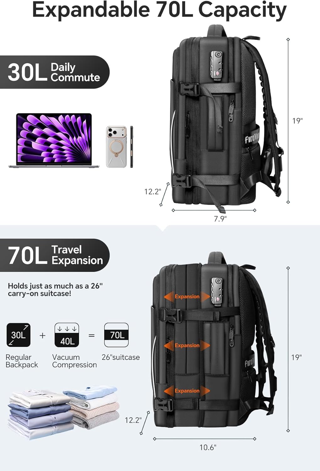 Thumbnail 3 de FIROVIAN Vacuum Backpack Travel 70L Expandable Carry-On with Compression System and 2 Detachable TPU Vacuum Bags