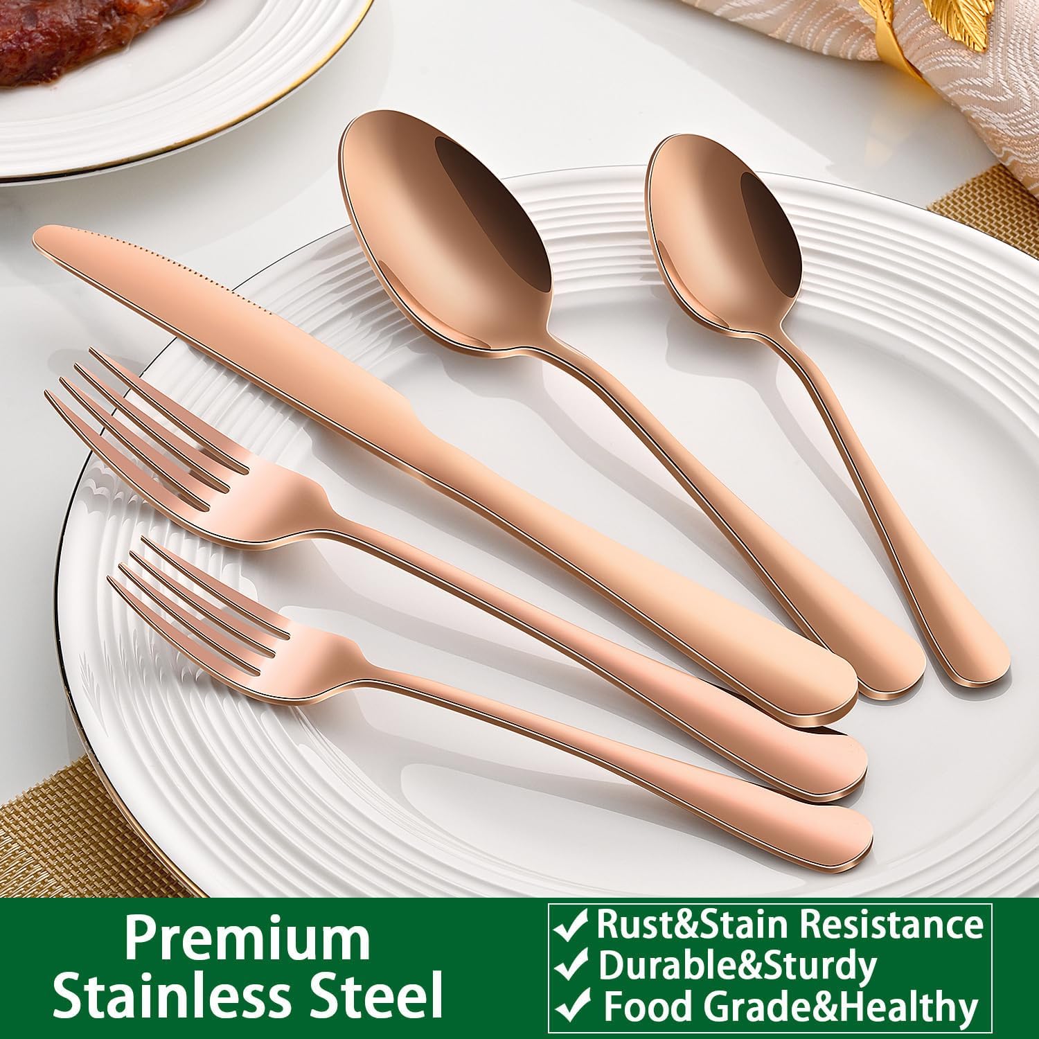 Detalle 1 de Dehov T1010 Rose Gold Stainless Steel Dinner Spoons, 7.3-Inch Set of 8