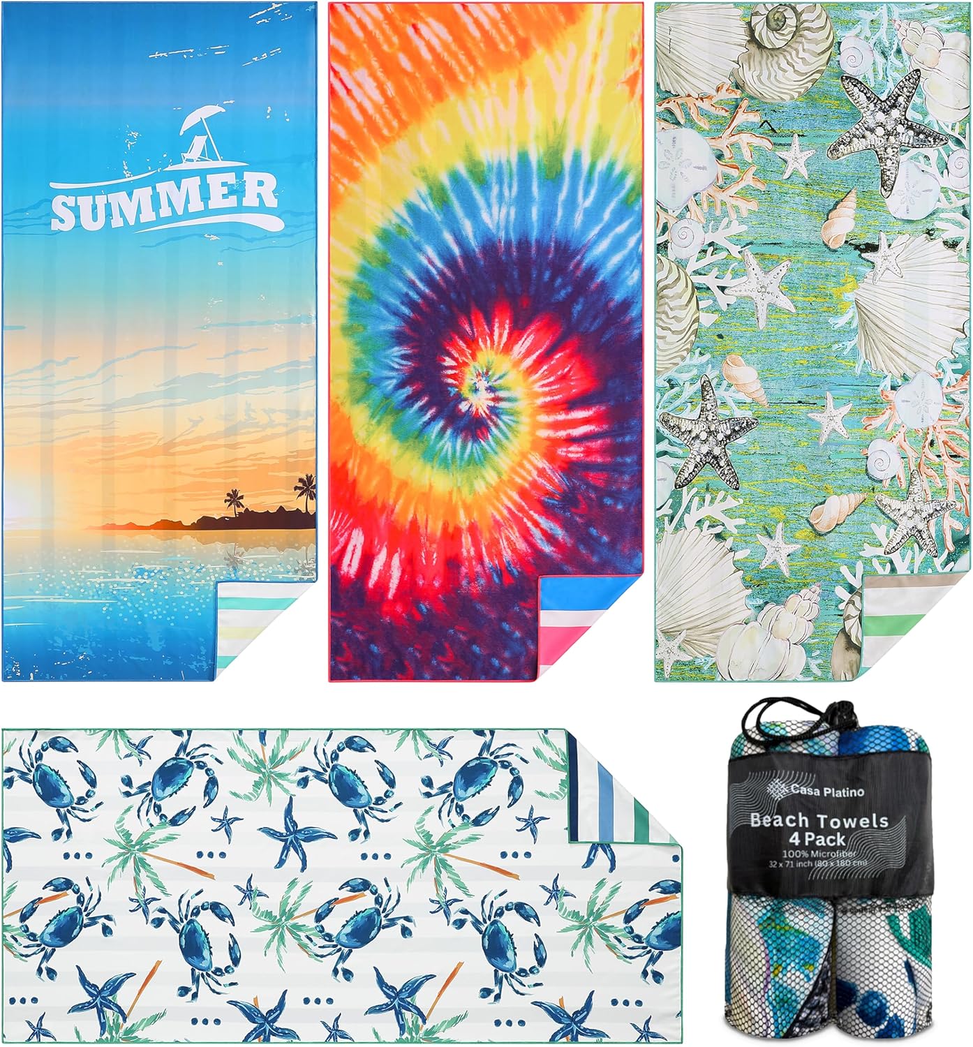 Casa Platino 4-Pack Oversized Beach Towels (71" x 32") – Sand-free quick-dry microfiber for pool, ocean & camping