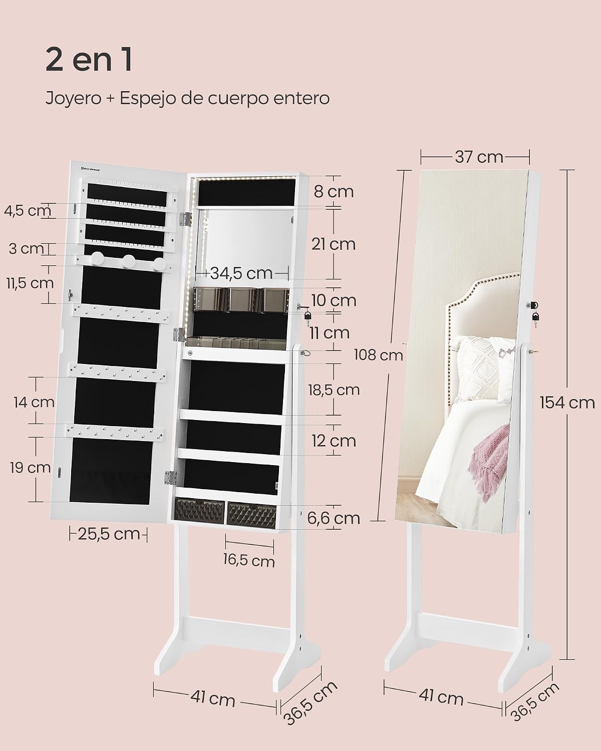 Thumbnail 5 de SONGMICS JJC023W01 armario joyero con espejo