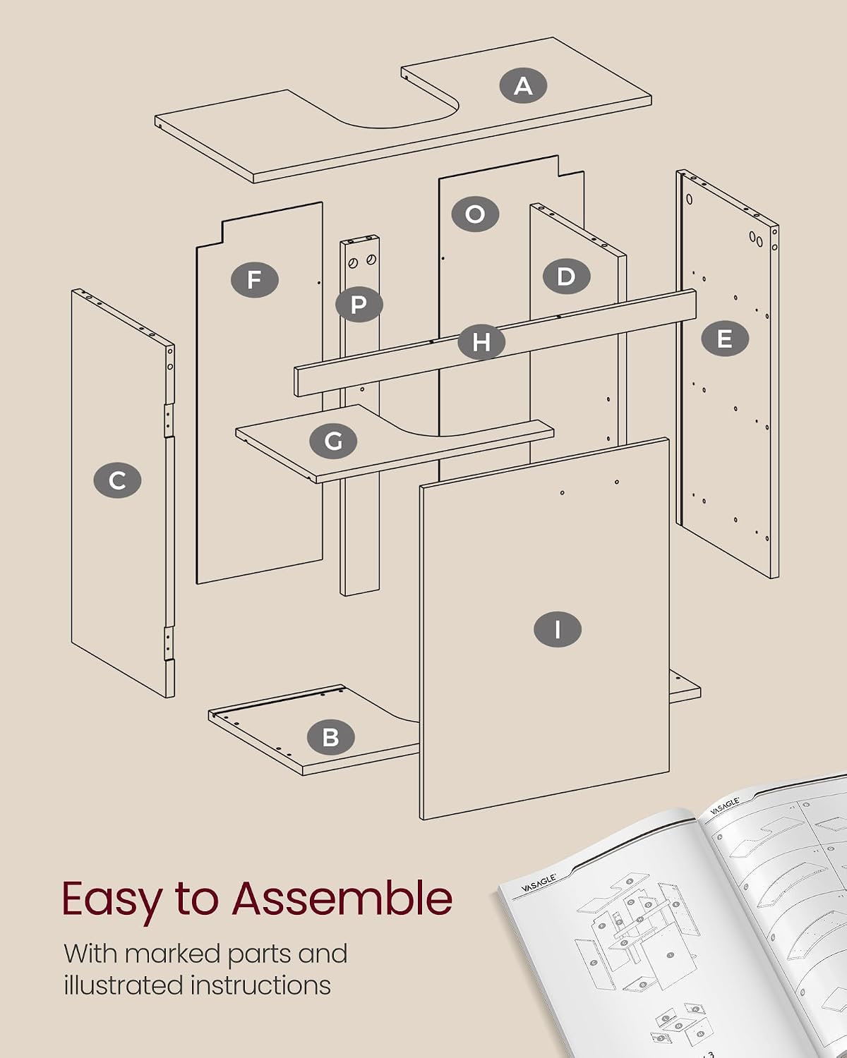 Thumbnail 6 de VASAGLE Under Sink Bathroom Cabinet BBK504W02 — 3 Drawers, 2 Compartments, Cloud White and Dove Grey