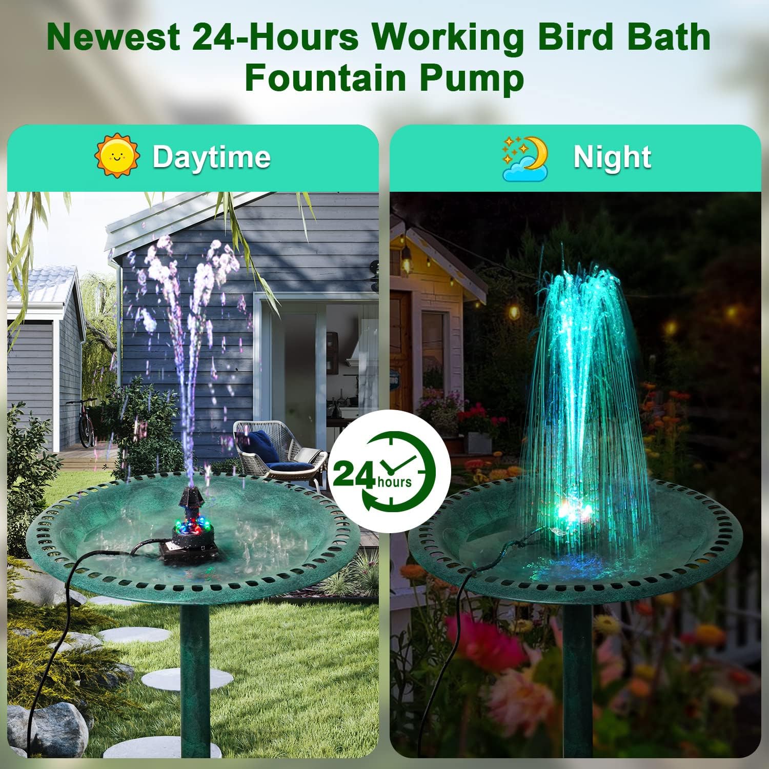 Thumbnail 1 de SZMP verstellbarer Springbrunnen mit Vogelbad-Funktion und bunten LED-Leuchten für außen (24 h, 7 Düsen)