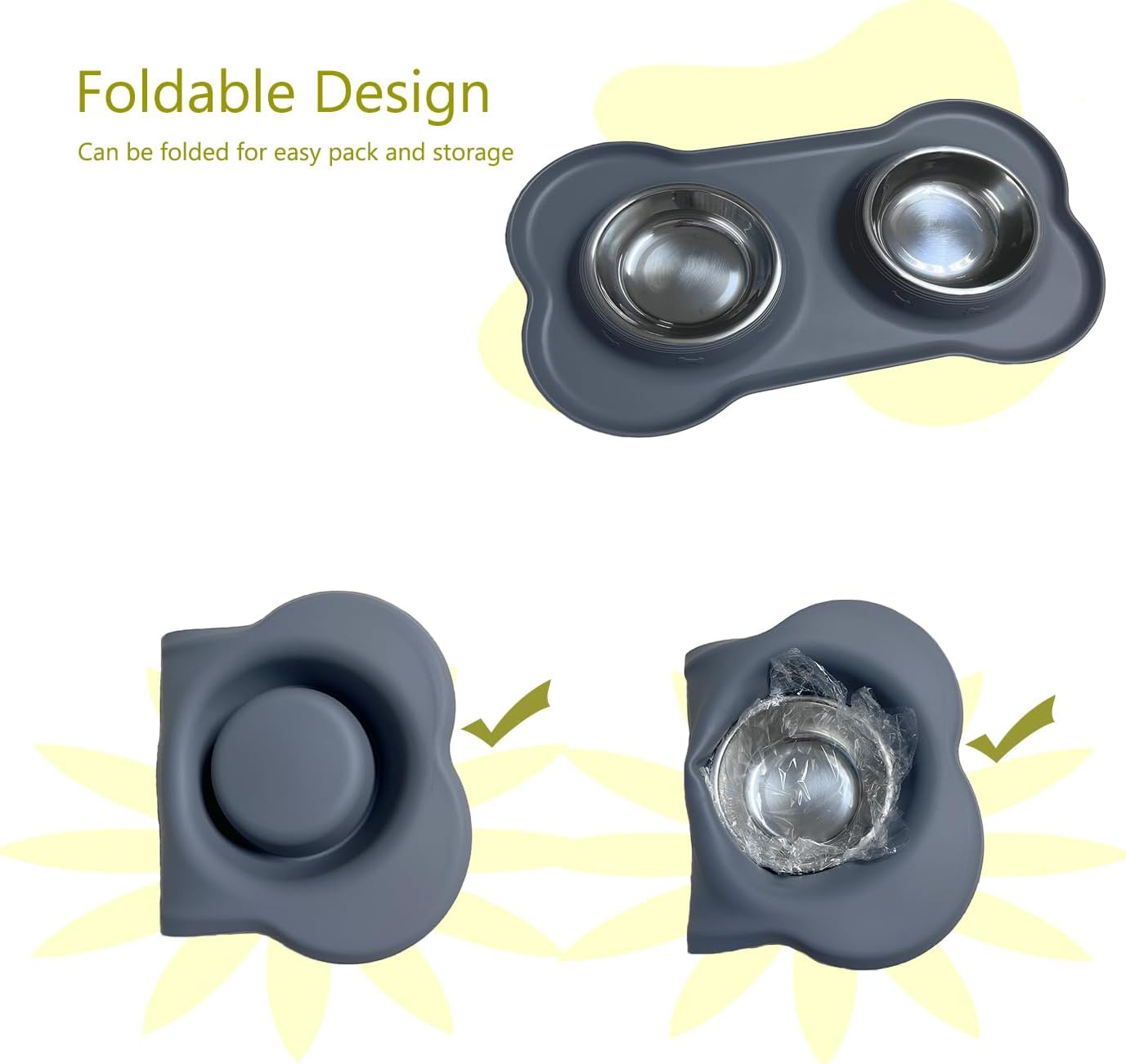 Detalle de Stainless steel dual pet bowl set for small dogs and cats (double bowls with non-spill, non-slip silicone mats)