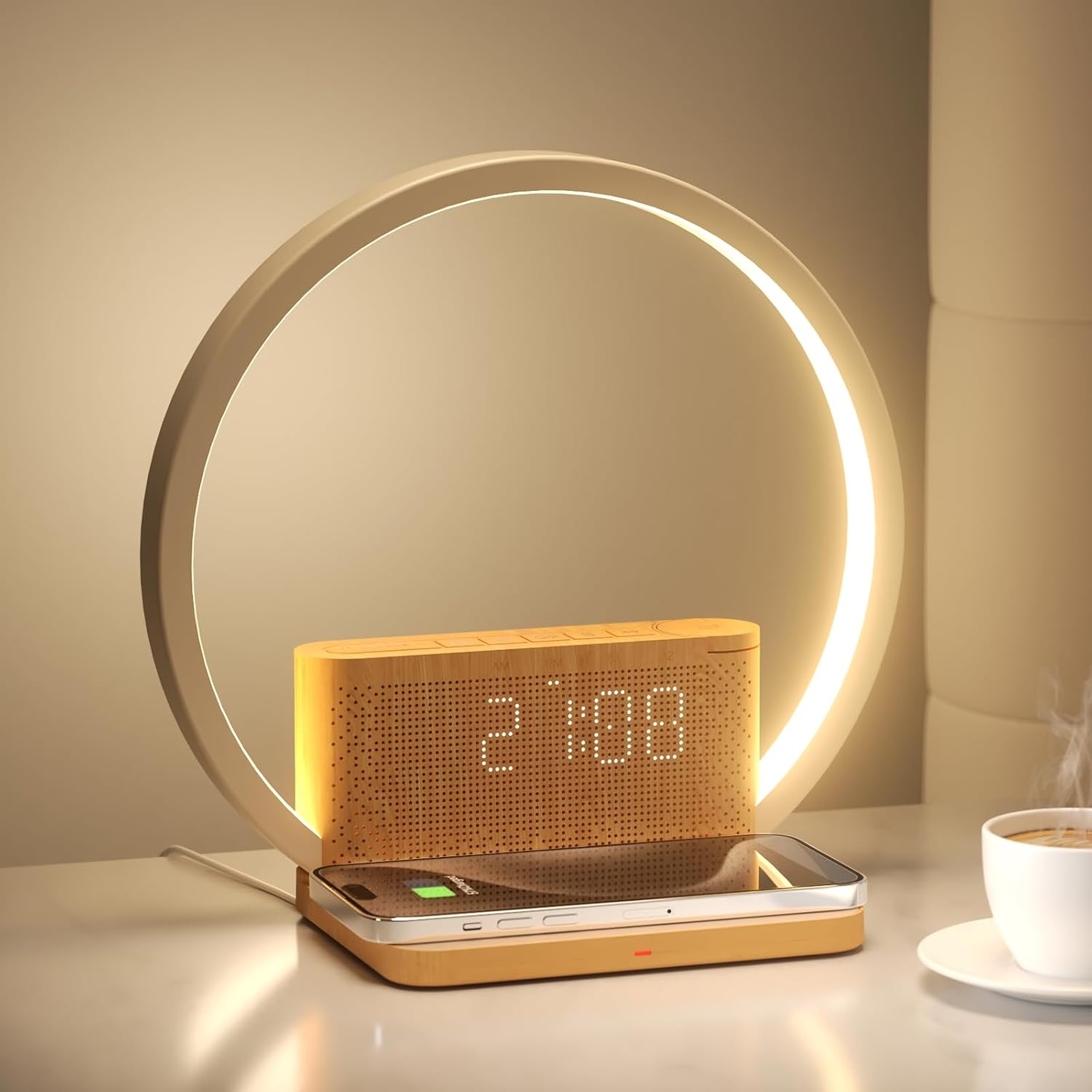 Detalle de blonbar Tageslichtwecker & Nachttischlampe mit Ladefunktion (Qi), 3-Stufen Touch Dimmer