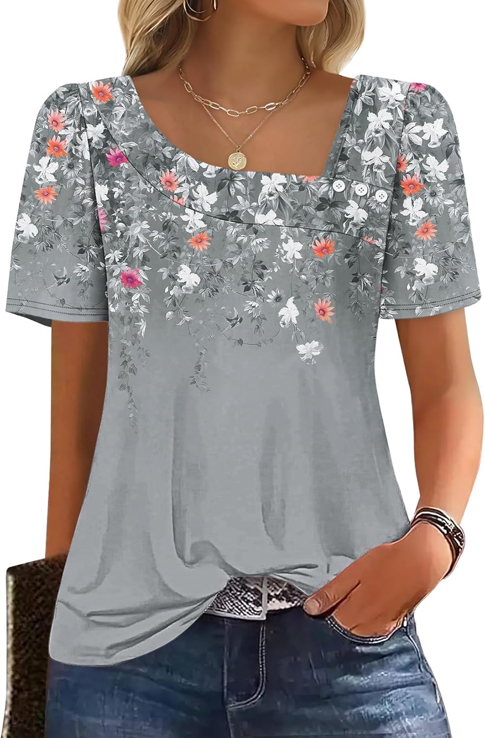 Thumbnail 6 de WIHOLL Women’s Square Neck Short Sleeve Summer Tops (Square Neck Spring Blouses)
