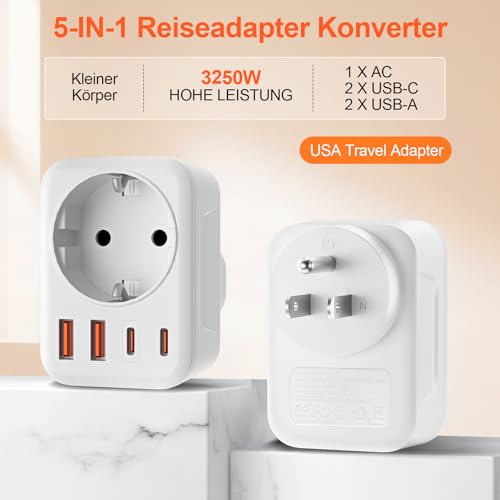 Detalle de Denlane 2er Pack USA Adapter Steckdose – 5-in-1 Typ B (EU auf US Reiseadapter)