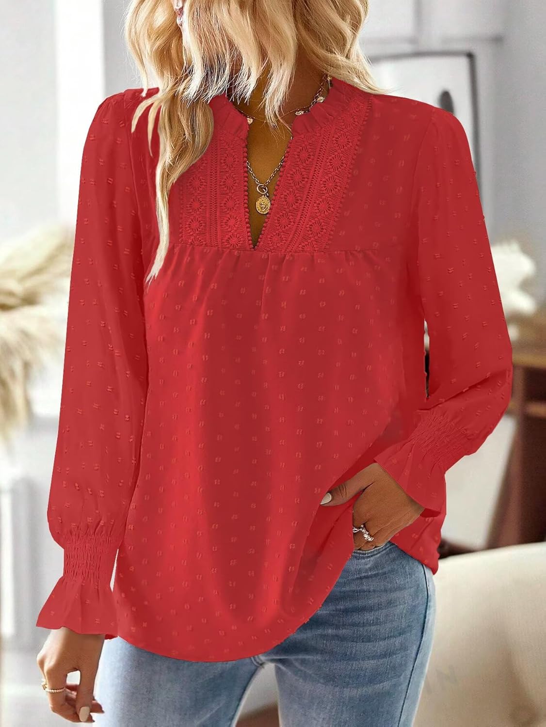 Detalle de TUUHAW Langarmshirt Damen mit V-Ausschnitt & Häkelverzierung im Boho-Stil