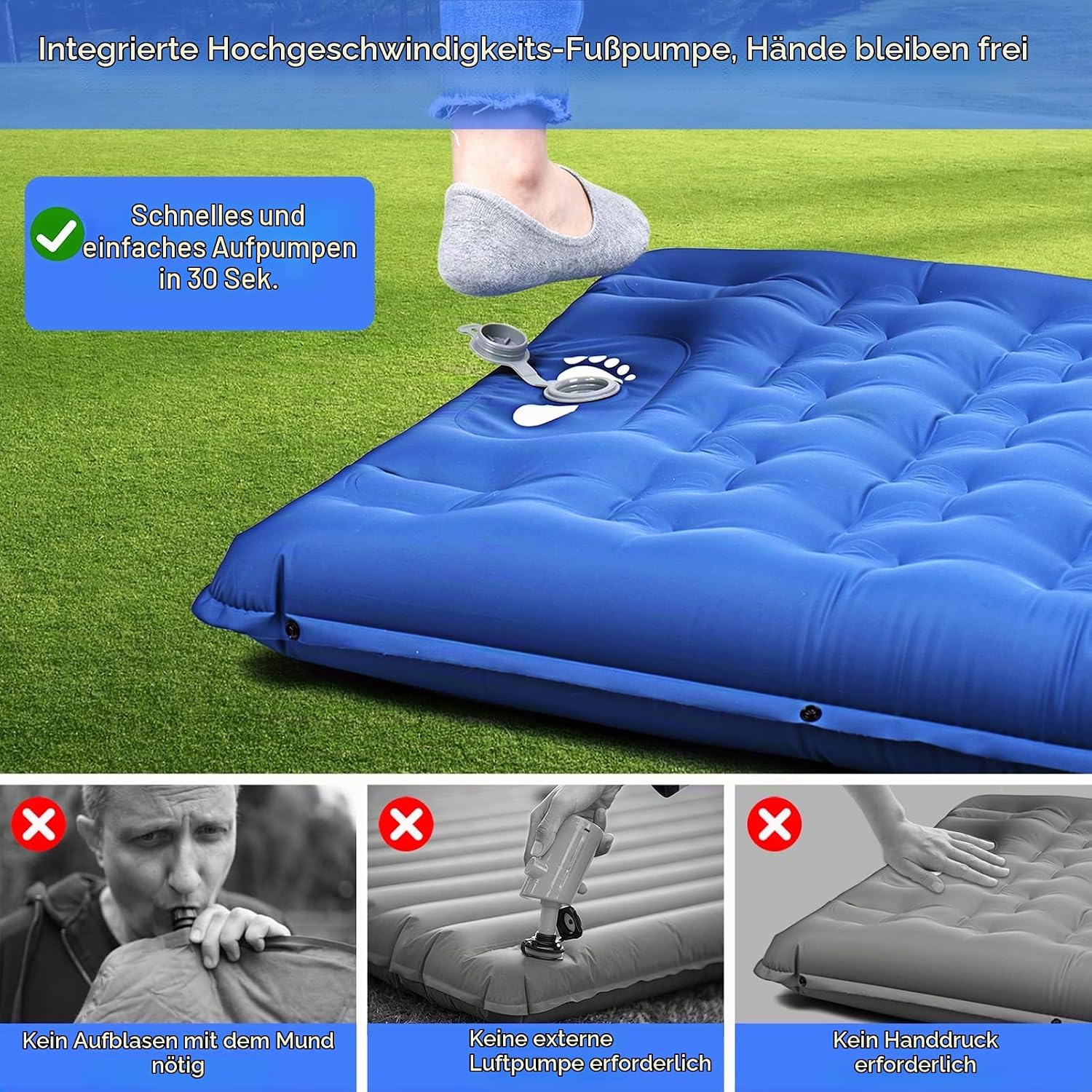 Detalle de BIAOQINBO Verbessertes Outdoor-Luftmatratze Blau – 13 cm Dicke, integriertes Kissen, Fußpumpe, 260 kg Belastbarkeit