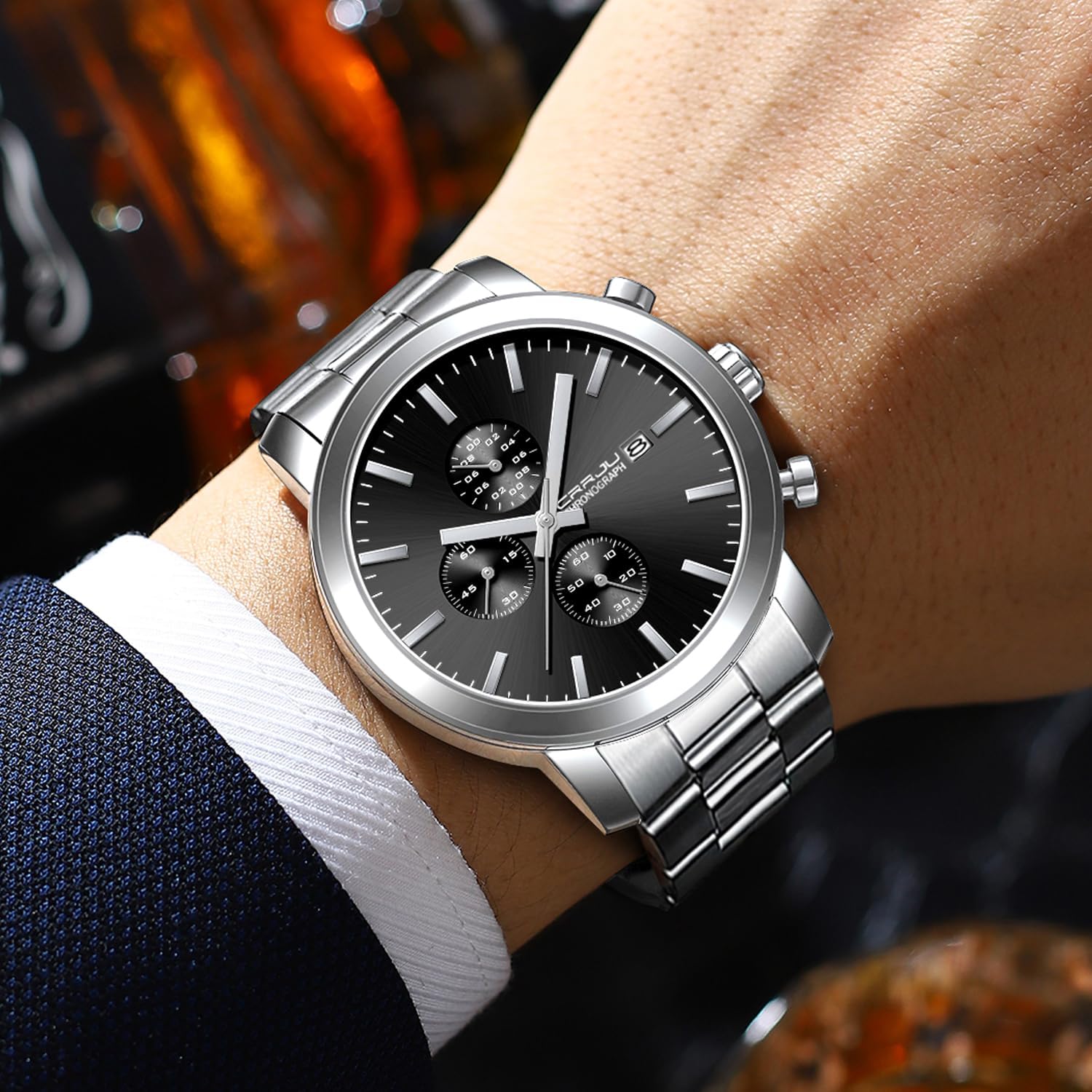 Detalle de CRRJU Herren Chronographen-Uhr mit Edelstahlband, analogem Quarzwerk & Datum – wasserbeständig bis 30 m