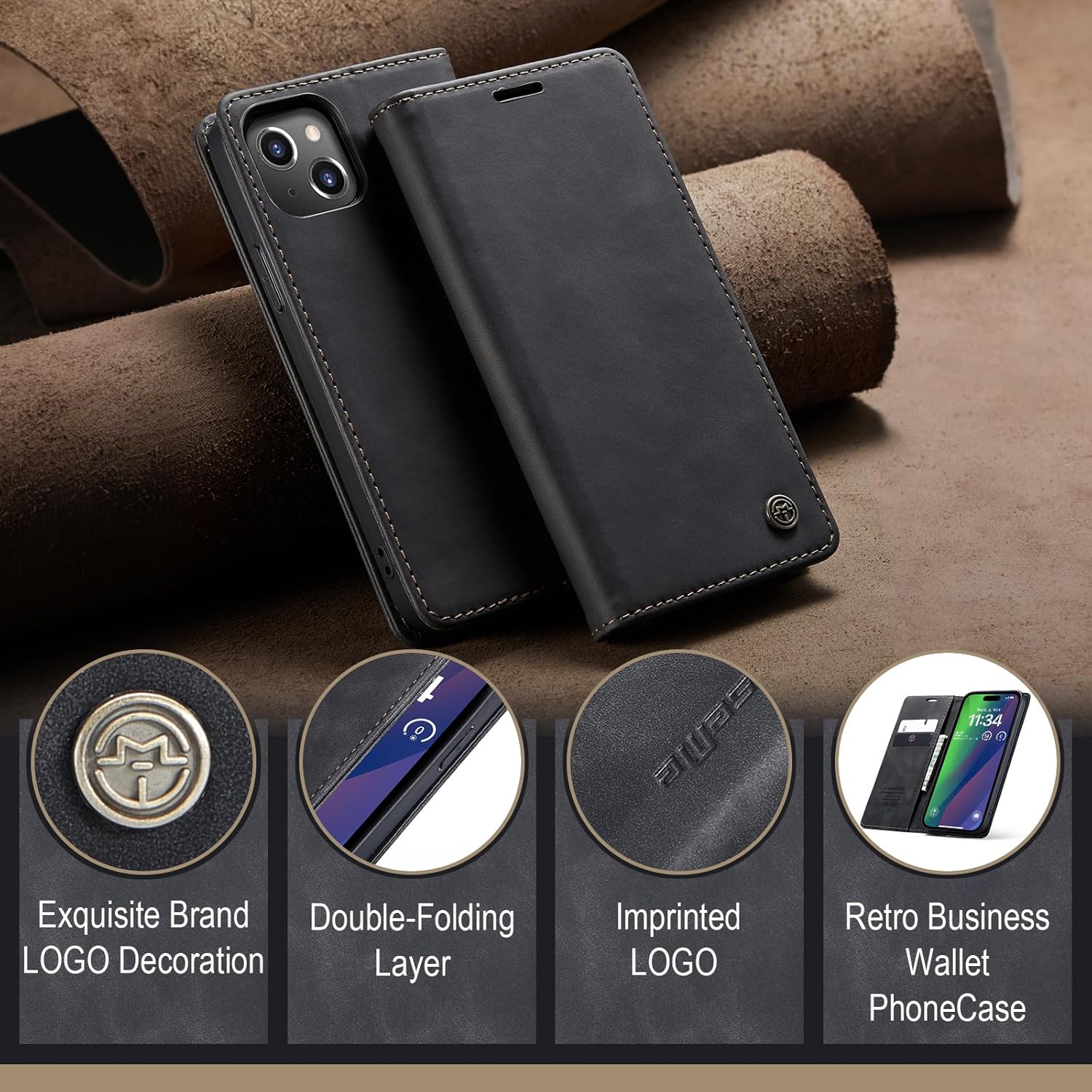 Thumbnail 5 de Lanranwa Klapphülle aus Premium-PU-Leder für iPhone 15 – Schwarz, Standfunktion