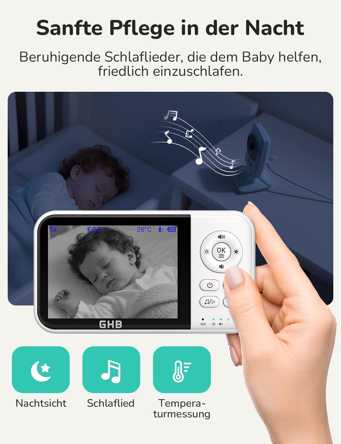 Thumbnail 6 de GHB Babyphone mit Kamera 3,2 Zoll Weiß – kabelloser Monitor ohne WLAN