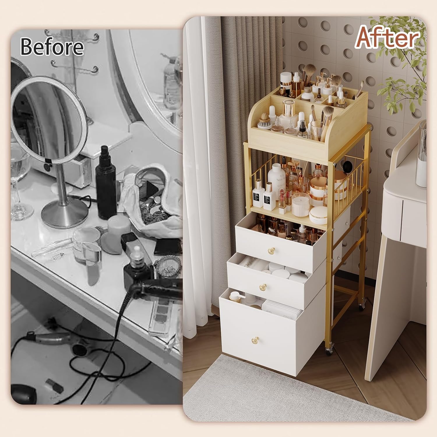 Detalle 2 de Makeup Organizer Cart with Drawers (Gold) for Floor Vanity Storage