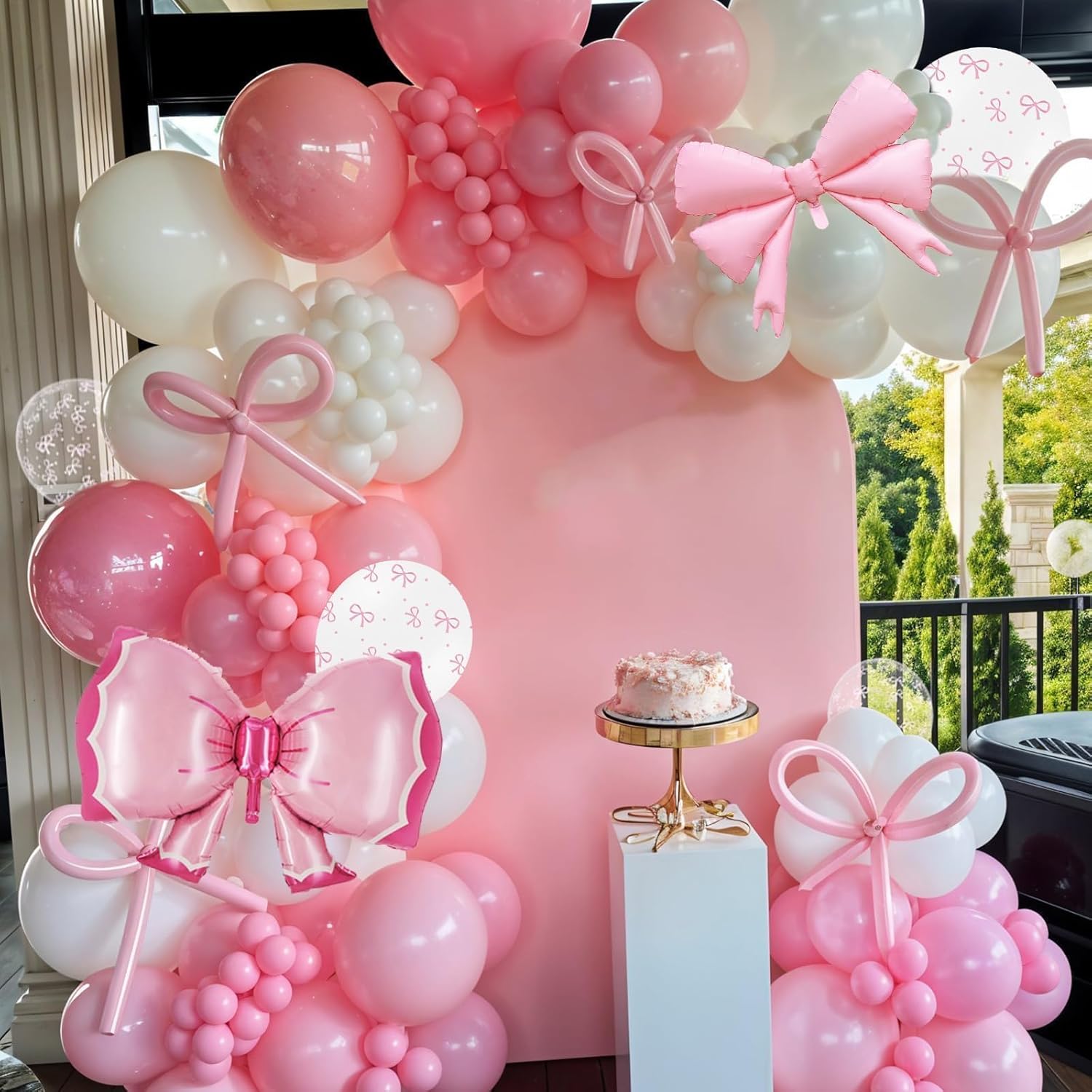 Detalle de Bow Balloons 35-Piece Light Baby Pink, White & Clear Pastel Balloon Set with Bow Foil Balloon and Ribbon