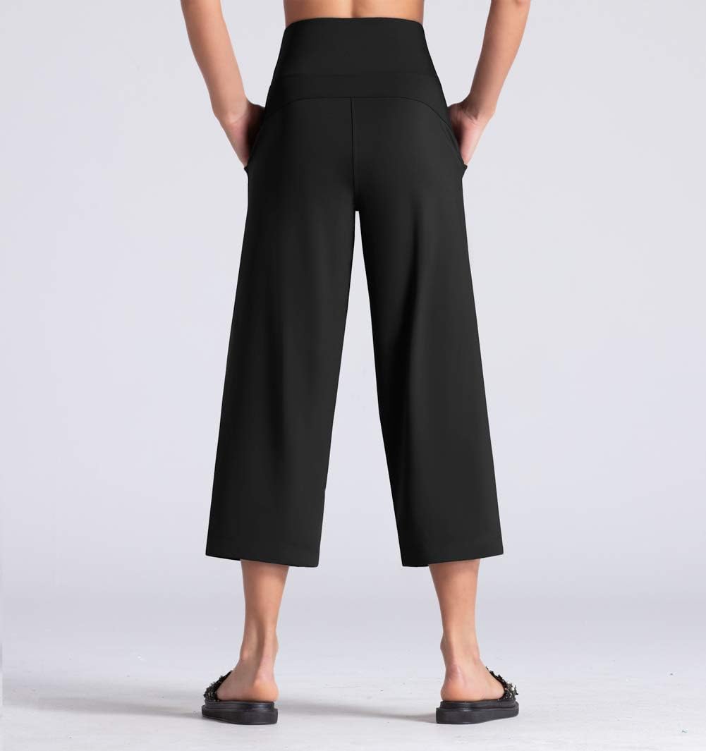 Detalle de THE GYM PEOPLE Women’s Yoga Capris 3/4 Wide-Leg Trousers with Pockets & Tummy Control