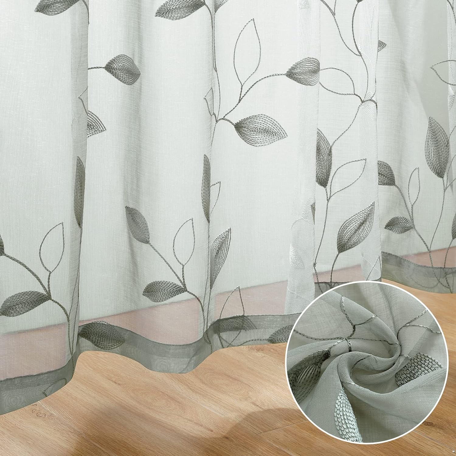 Thumbnail 5 de HOMEIDEAS 2 Sheer Curtains, Sage Green Embroidered Leaves, 52 x 84 Inches
