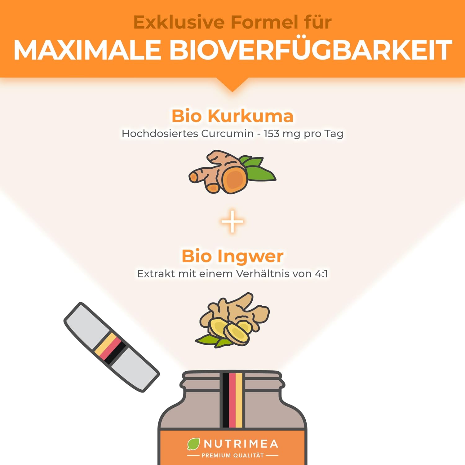 Detalle de Kurkuma Bio Komplex von Nutrimea – 153 mg Curcuminoide (95%), hochdosiert, vegan mit Ingwer, 60 Kapseln