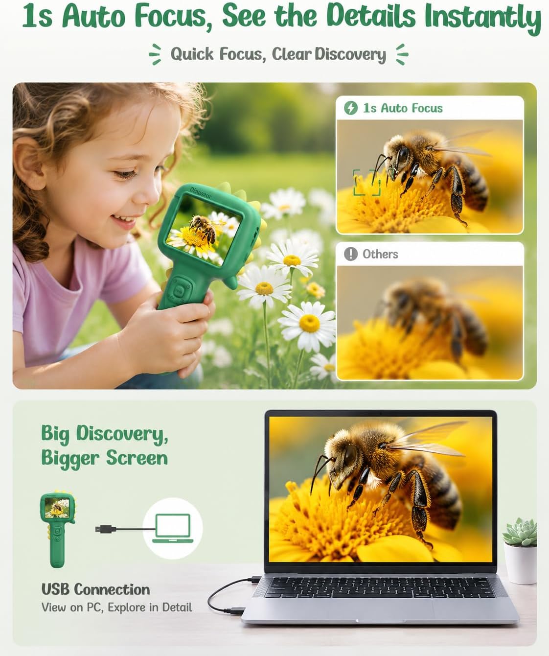 Detalle de Microscope Camera for Kids: 2-in-1 Handheld Pocket Microscope with 2.4" Screen and Autofocus (Green)