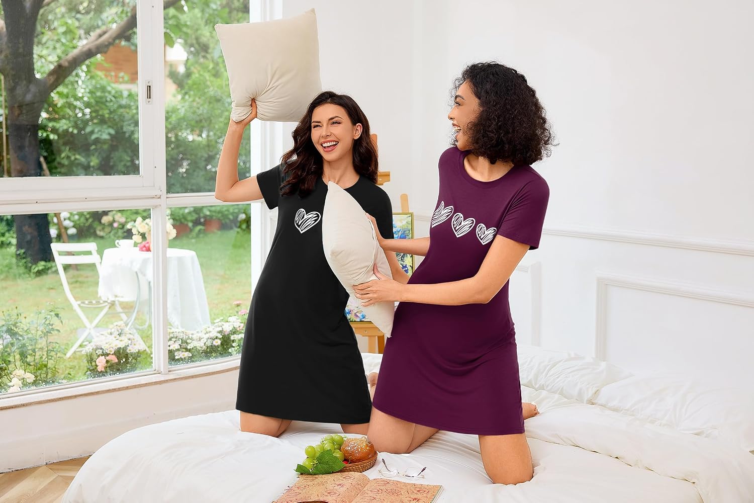 Detalle 2 de Marvmys 2er Nachthemd Damen Kurzarm Schlafshirt – Baumwolle mit Herz-Print