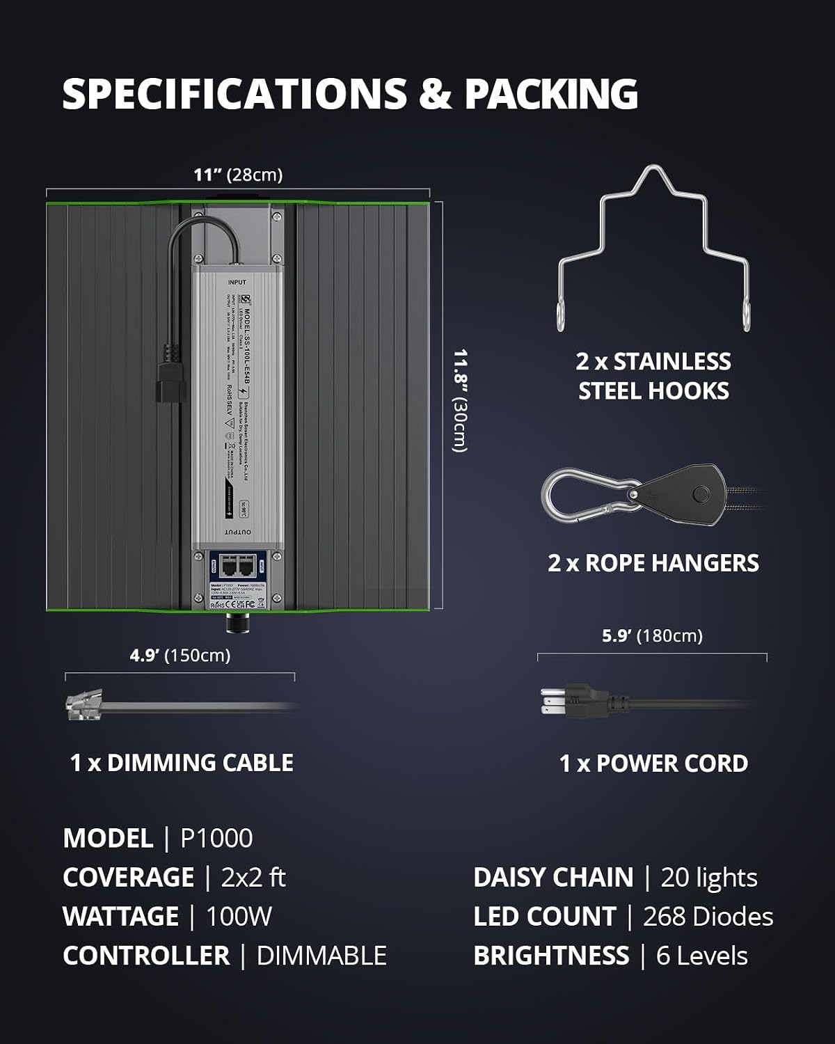 Thumbnail 5 de VIPARSPECTRA P1000 100W LED Grow Light, Full Spectrum, Dimmable, Daisy Chain