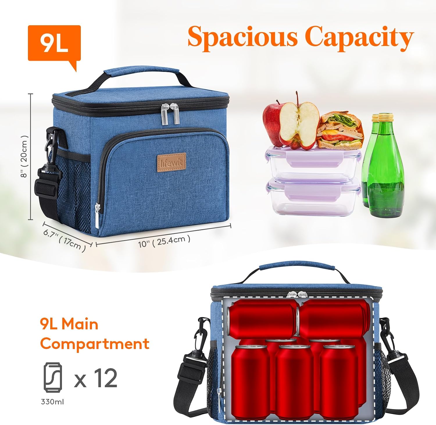 Detalle de Lifewit 9L Insulated Lunch Bag, Dark Blue, PEVA Lining and Shoulder Strap