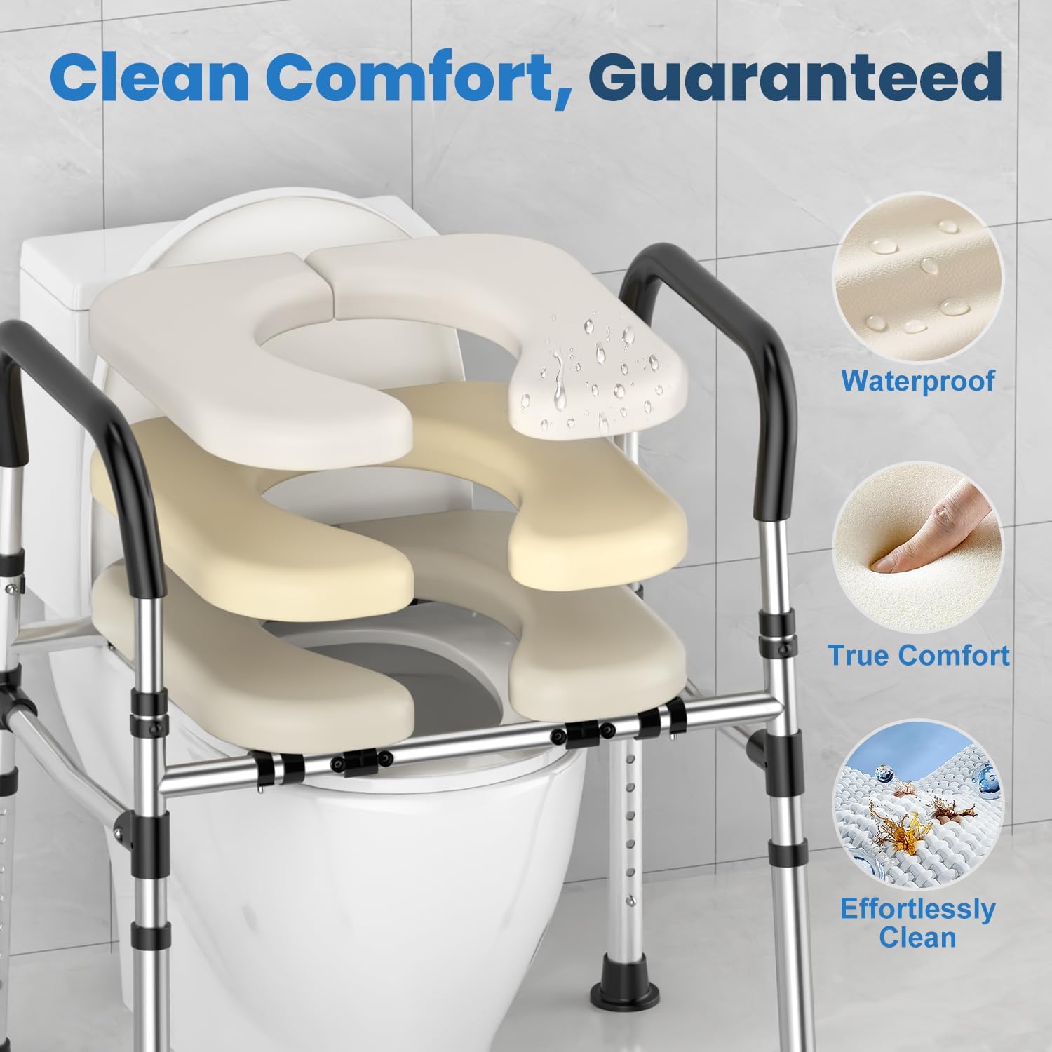 Detalle 1 de JIYUZEST Adjustable Raised Toilet Seat with Handles, Padded, 400 lb Capacity