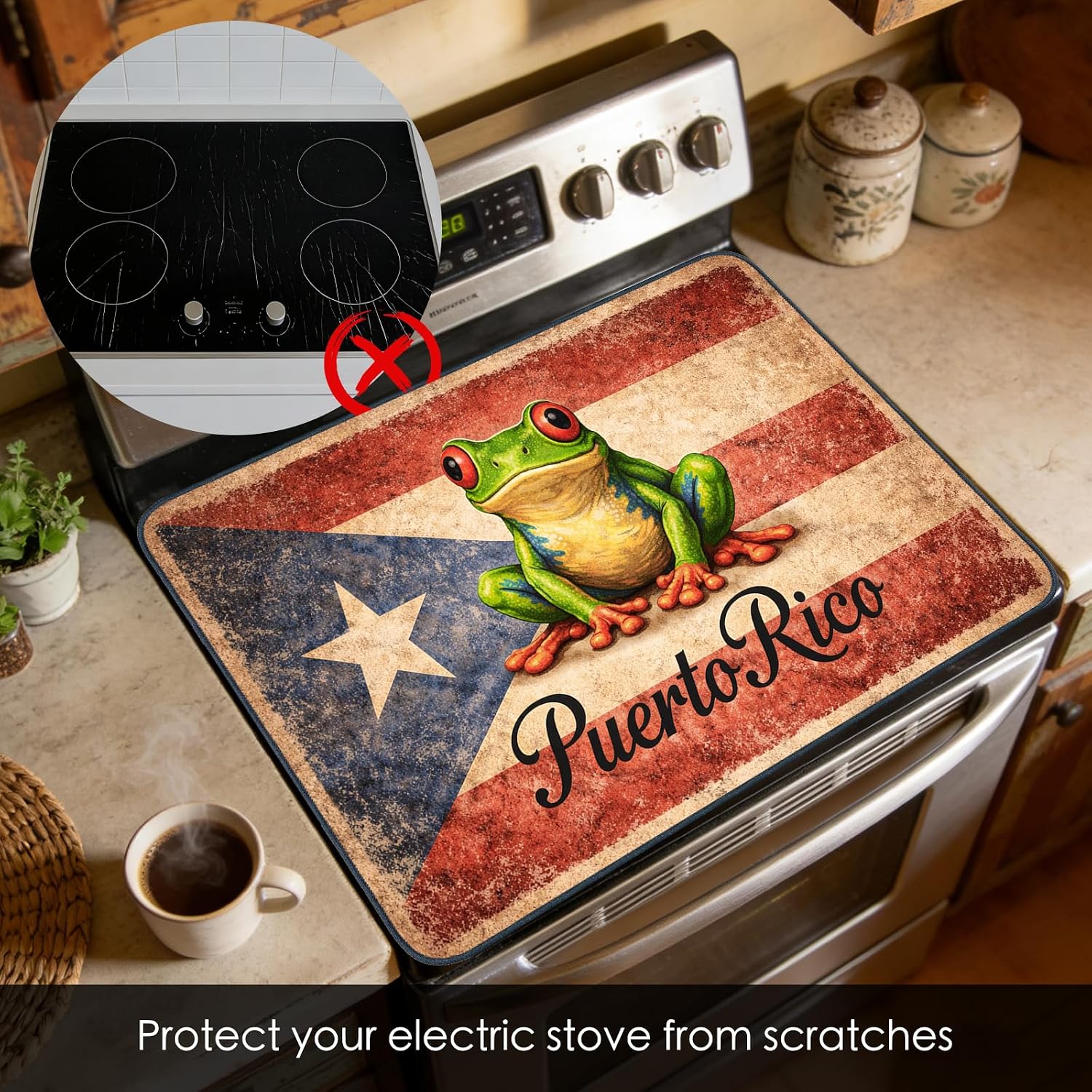 Detalle de Nuxovilar Coqui Frog Stove Cover, Polyester Composite with Puerto Rican Flag Design