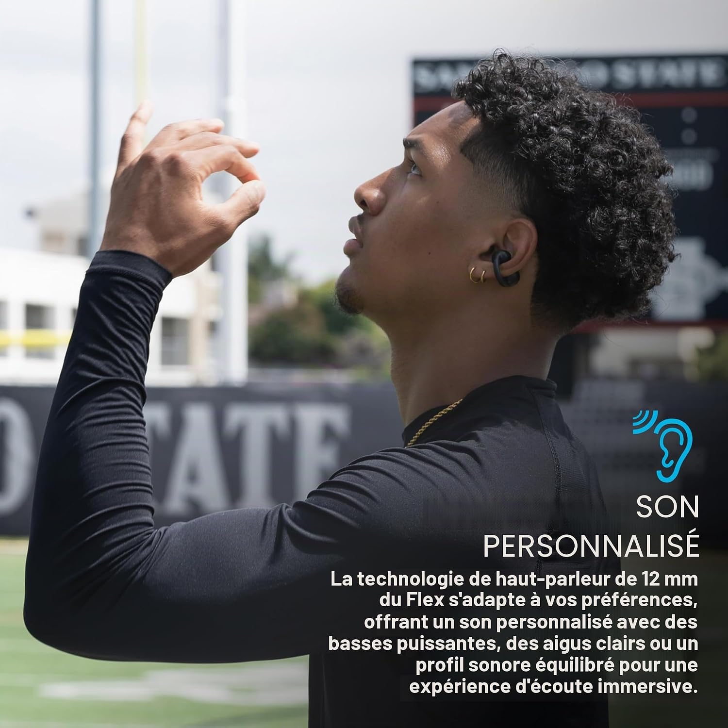 Detalle de JLab Flex casque à oreille ouverte (écouteurs ouverts) avec Bluetooth multipoint, micro et personnalisation via application — Noir