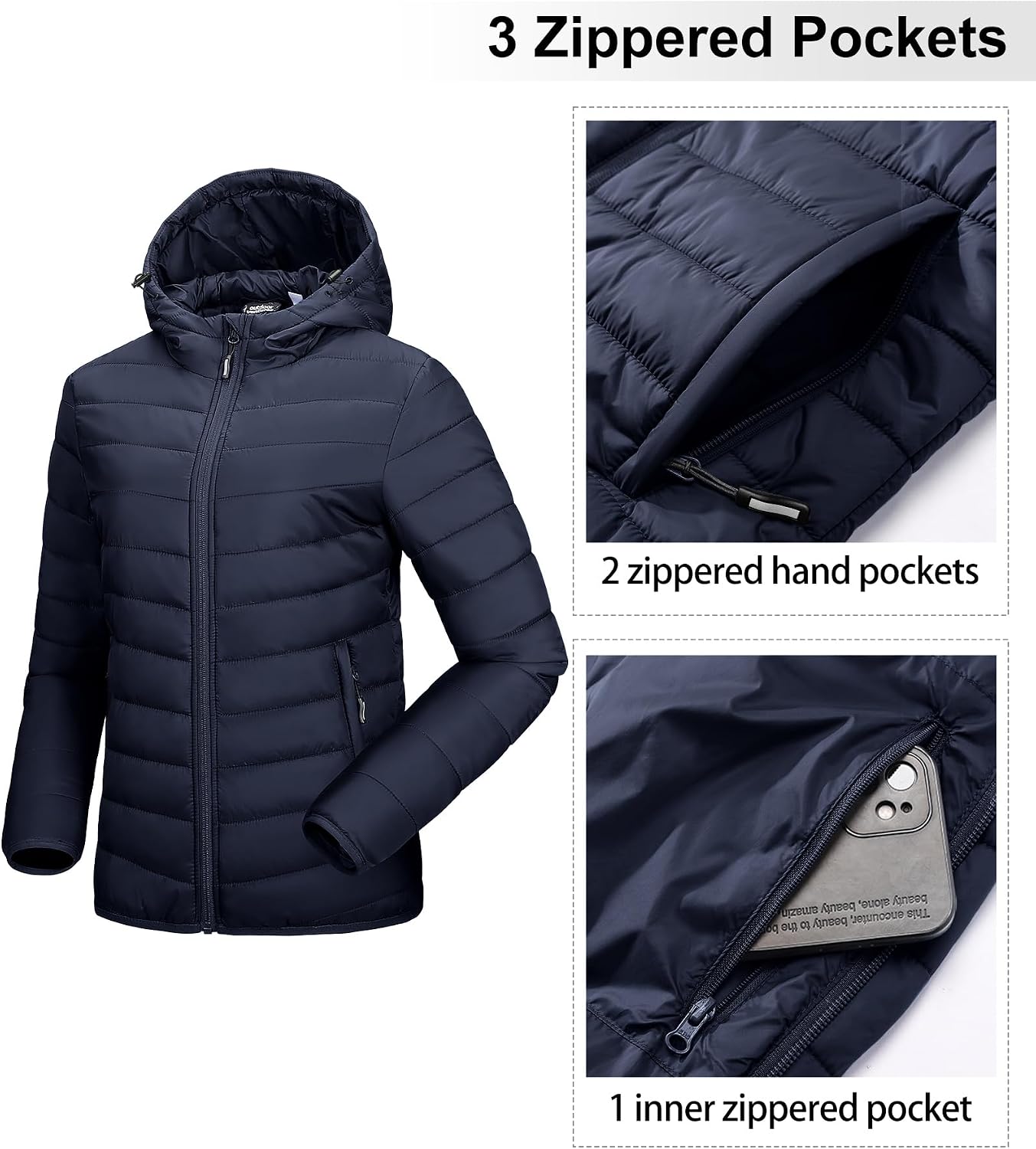 Detalle 1 de Outdoor Ventures Women’s Winter Lightweight Puffer Jacket with Hood (Short, Packable) for Hiking & Travel