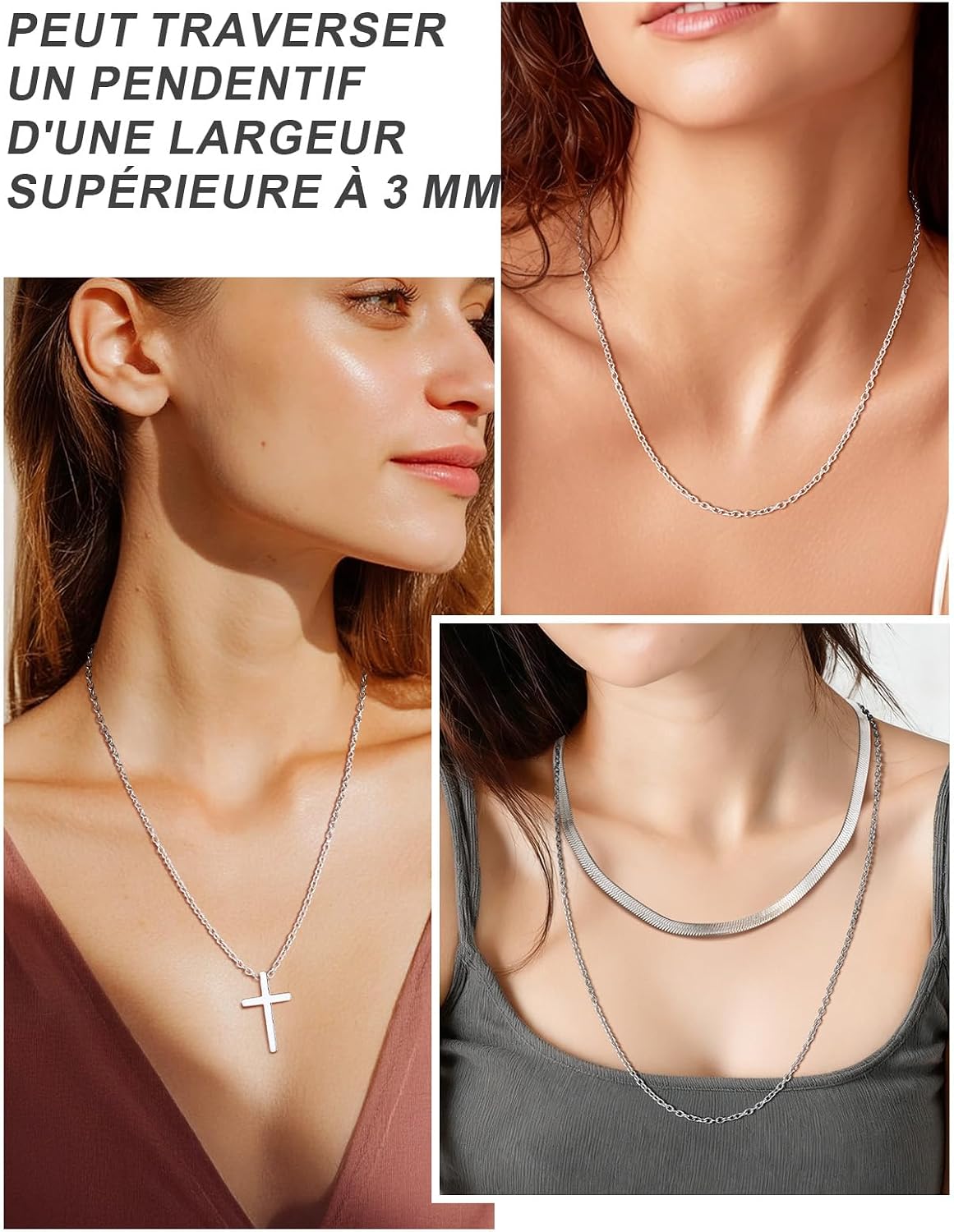 Detalle de ChainsPro Collier Femme Acier Inoxydable 2 mm – Design élégant et simple, 46–76 cm