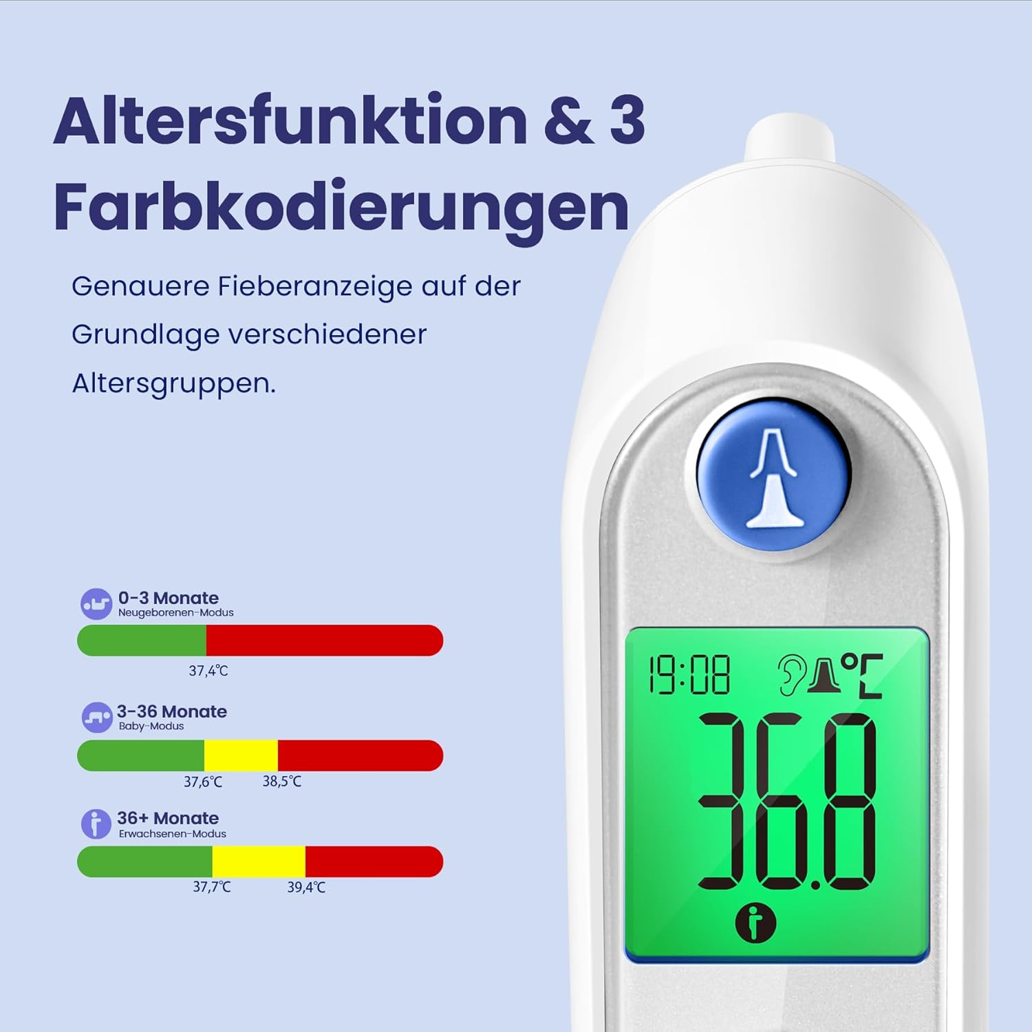 Thumbnail 3 de Digitales Infrarot-Ohrthermometer für Babys, Erwachsene & Senioren – mit farbcodiertem Display, 21 Hygienekappen & 1‑Sekunden-Messung (Weiß)
