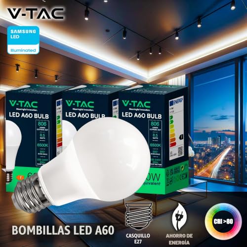 Thumbnail 1 de V-TAC 10x Bombillas LED E27 A60 8,5W (806 lúmenes, 6500K) – Nueva generación, bajo consumo