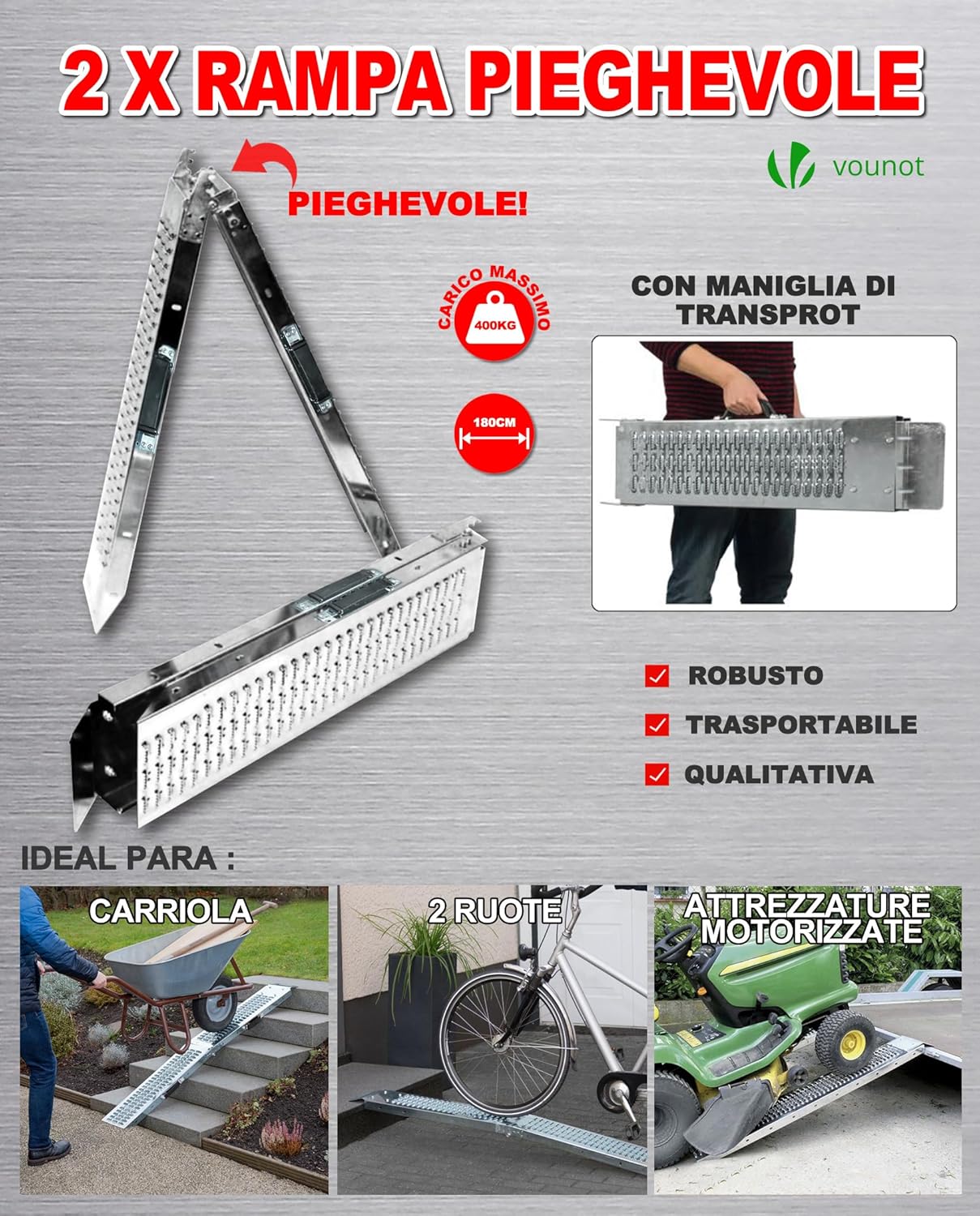 Thumbnail 3 de VOUNOT® 2 Rampes Pliables de Chargement 400 kg – Rampe d’accès en acier galvanisé 180 cm x 23 cm x 4,5 cm