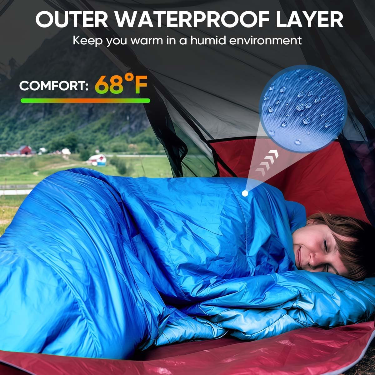 Detalle de OBTANIM Portable Waterproof Sleeping Bag for Adults & Kids (4 Seasons) – Polyester Camping Bag With Compression Storage
