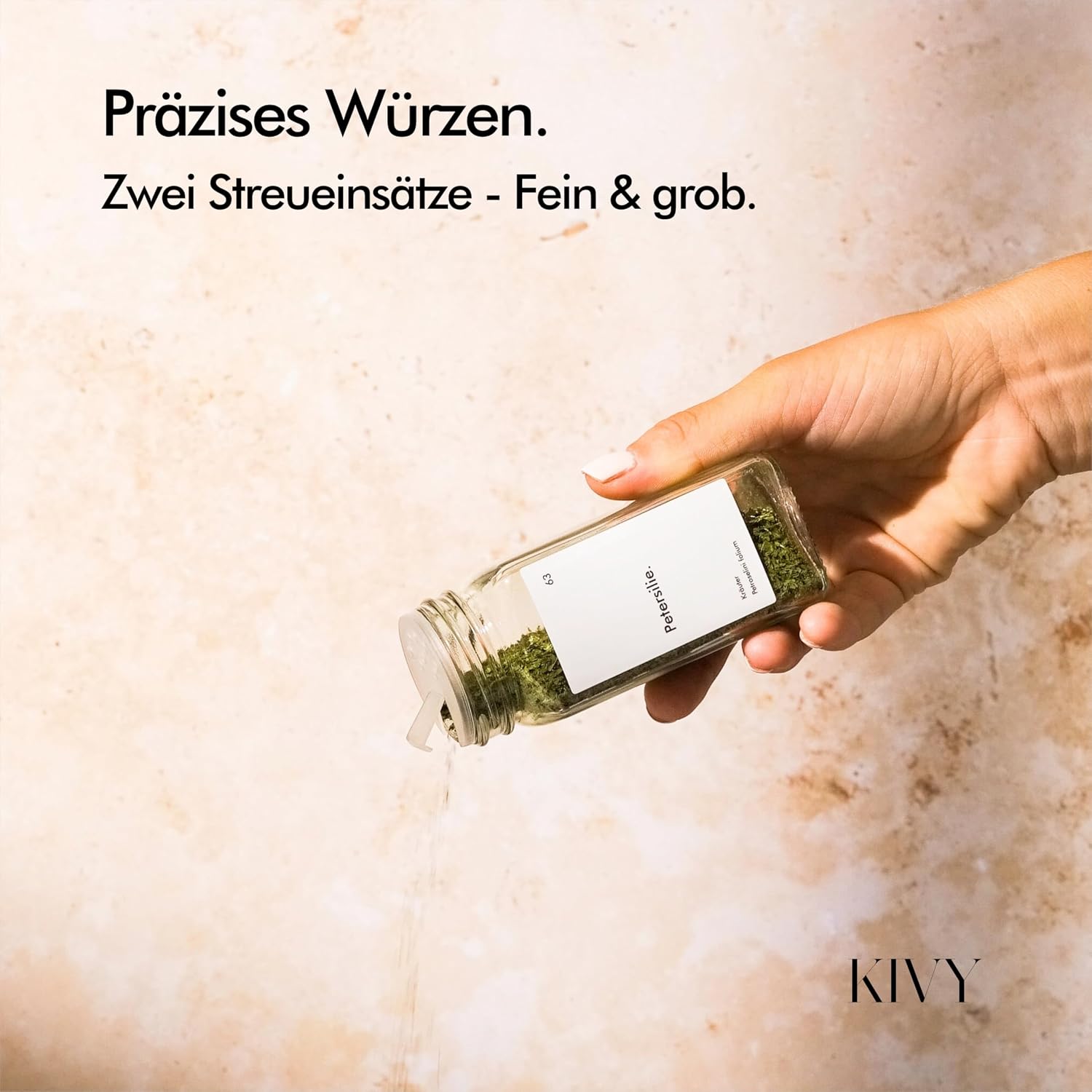 Detalle de KIVY eckige Gewürzgläser mit Streueinsatz (24 x 120 ml) inkl. wasserfester Etiketten