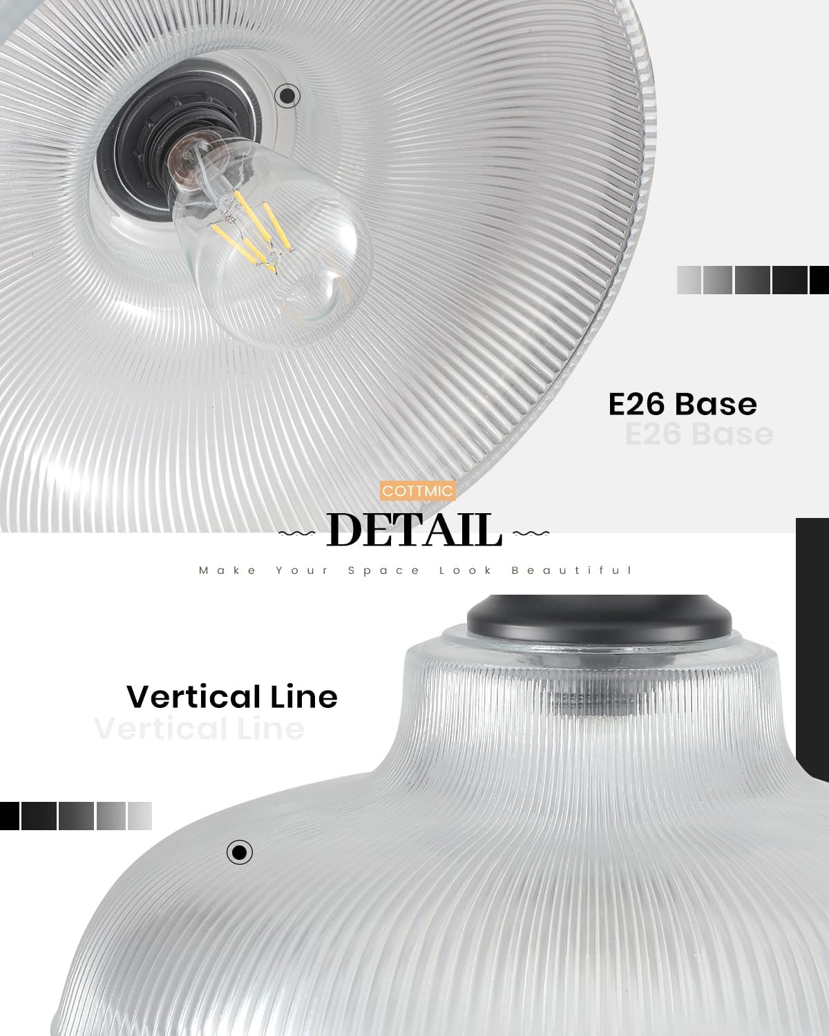 Detalle 2 de COTTMIC SGP-Glass-Black-1p Black Ribbed Glass Pendant Light, Adjustable 66in Cord