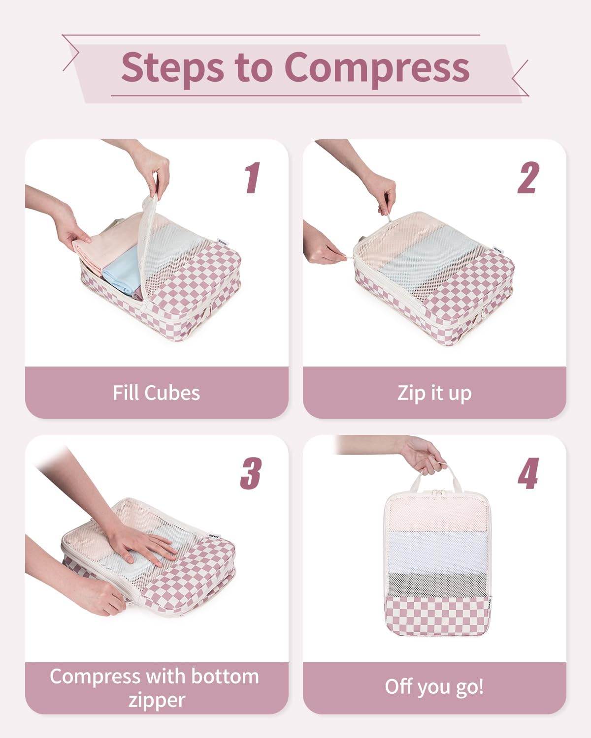 Thumbnail 6 de Narwey 6 Set Compression Packing Cubes for Carry-On Luggage (Checkerboard Dusty Rose)