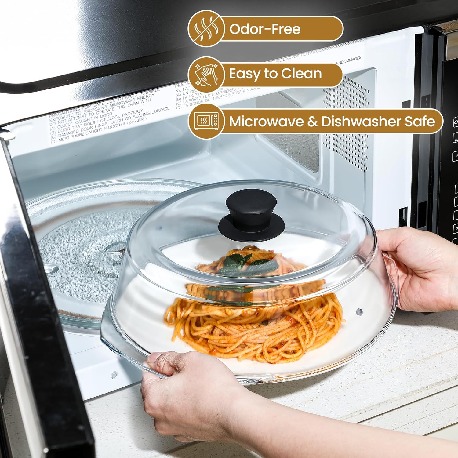 Detalle de 2 in 1 Tall Glass Microwave Splatter Cover with Silicone Mat — 10in Glass Cover & 12in Mat for Food, BPA-Free and Heat-Resistant