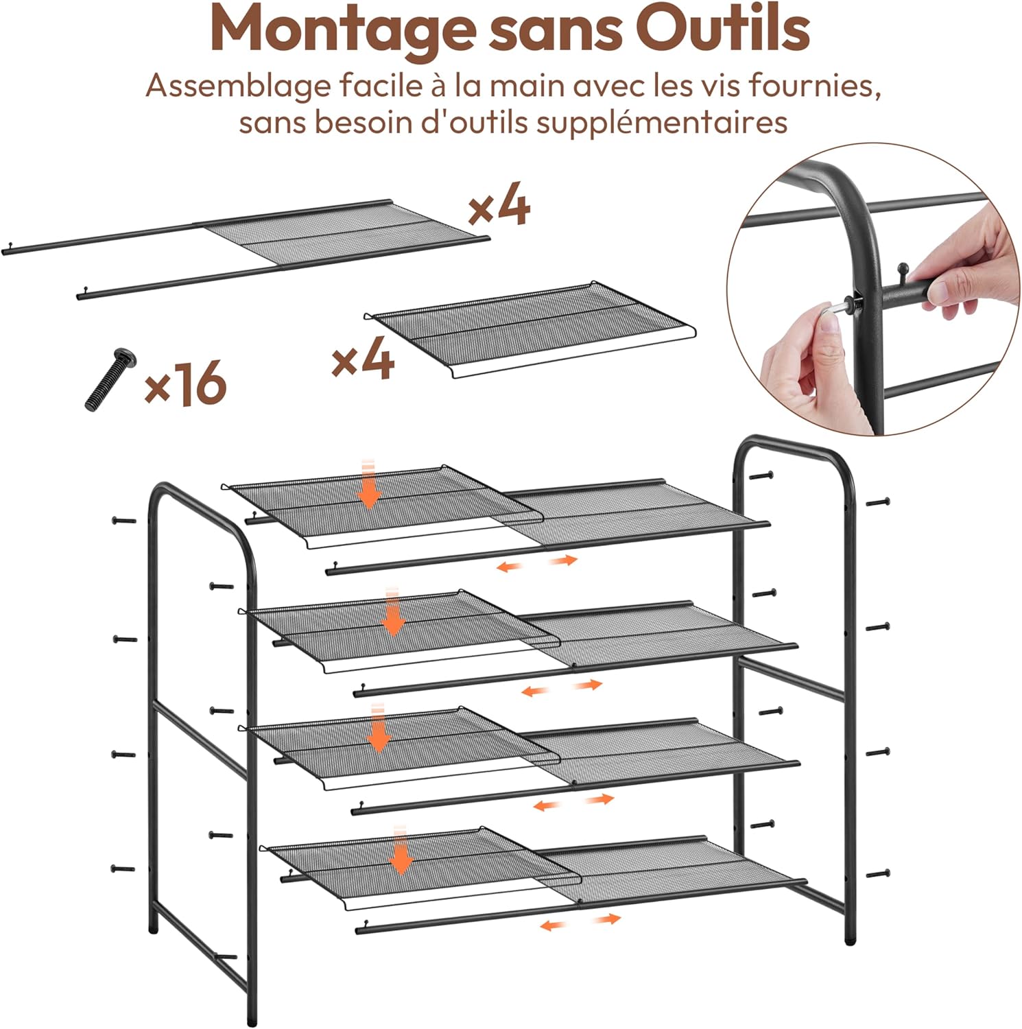 Thumbnail 6 de Yaheetech Étagère à chaussures extensible 4 niveaux (50–84,5 cm) en maille métallique pour 15–20 paires, noire