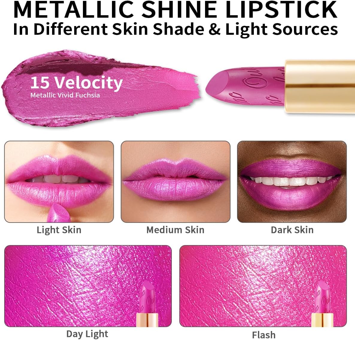 Detalle de OULAC Purple Pink Metallic Lipstick Kit (MD02 + D02 + MSD15) – 3-Piece Shimmer & High Pigment Set