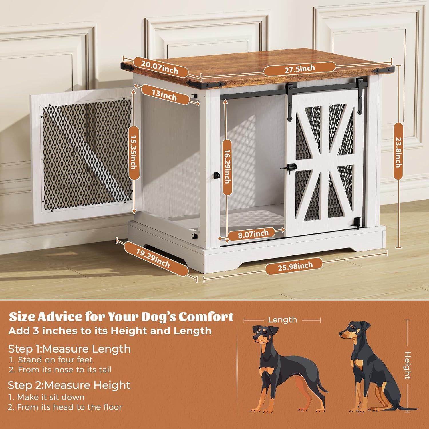 Detalle de Dog Cage Furniture: 70cm Three-Door Wooden Dog Cage with Sliding Doors (White) for Small Dogs