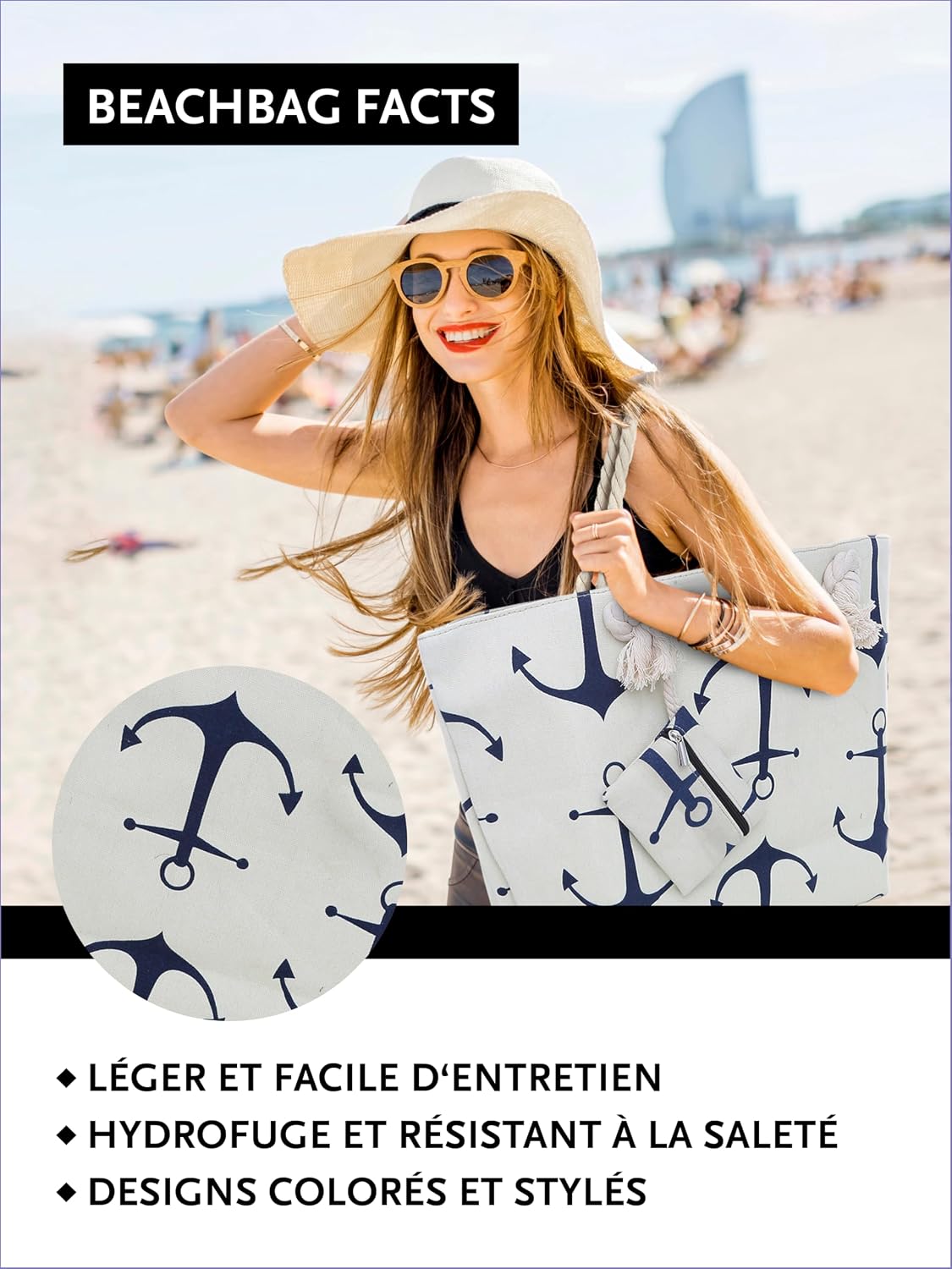 Detalle 2 de DonDon Grand sac de plage imperméable avec fermeture à glissière – Grand format et poche zippée