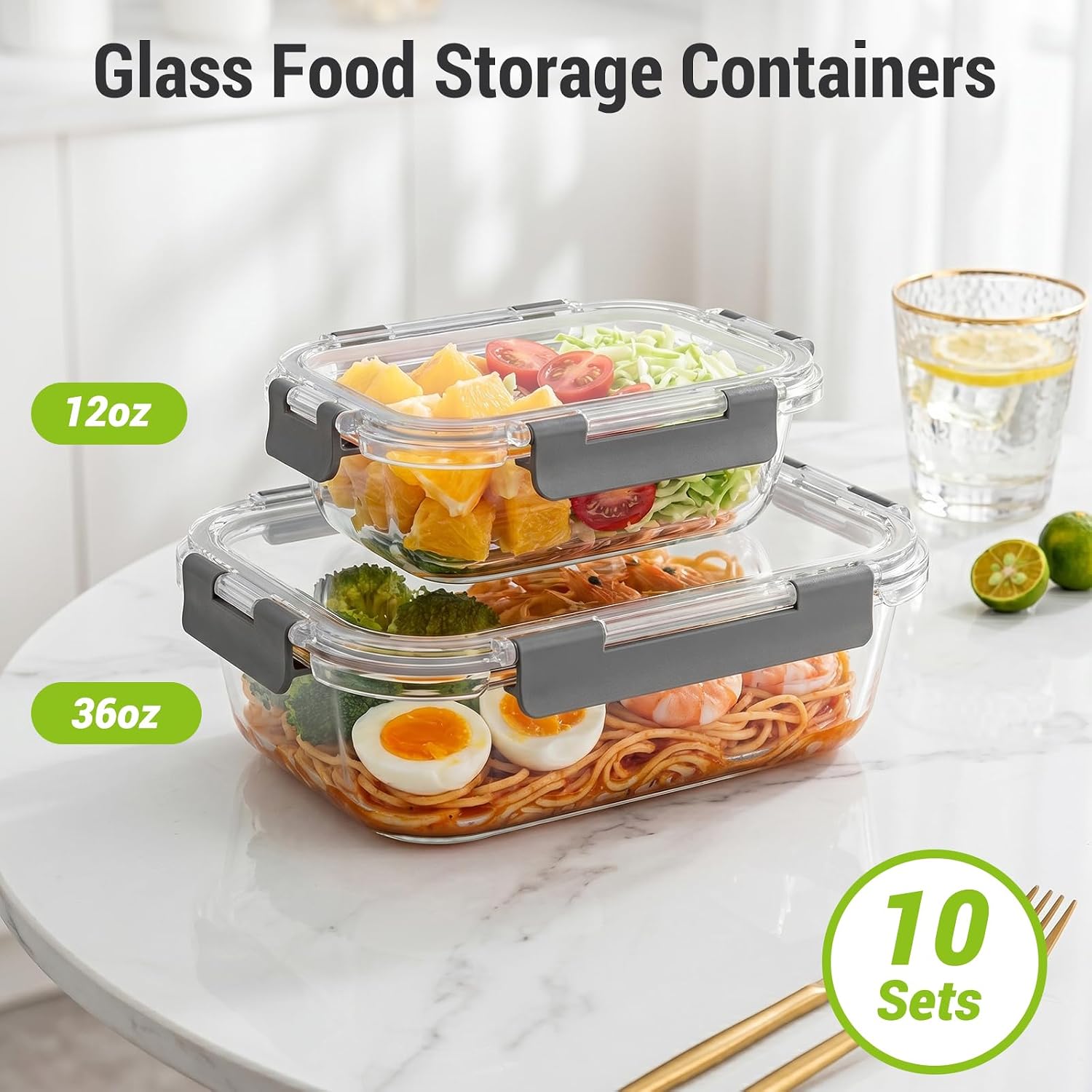 Detalle de Dealusy Glass Food Storage Containers, 36 oz & 12 oz, Gray, 10-Pack