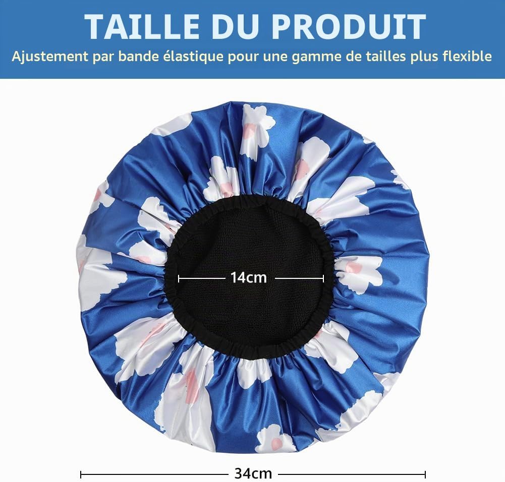Detalle de AOGOE extra brede drielaagse waterdichte douchemuts voor lang haar, blauw bloemenpatroon