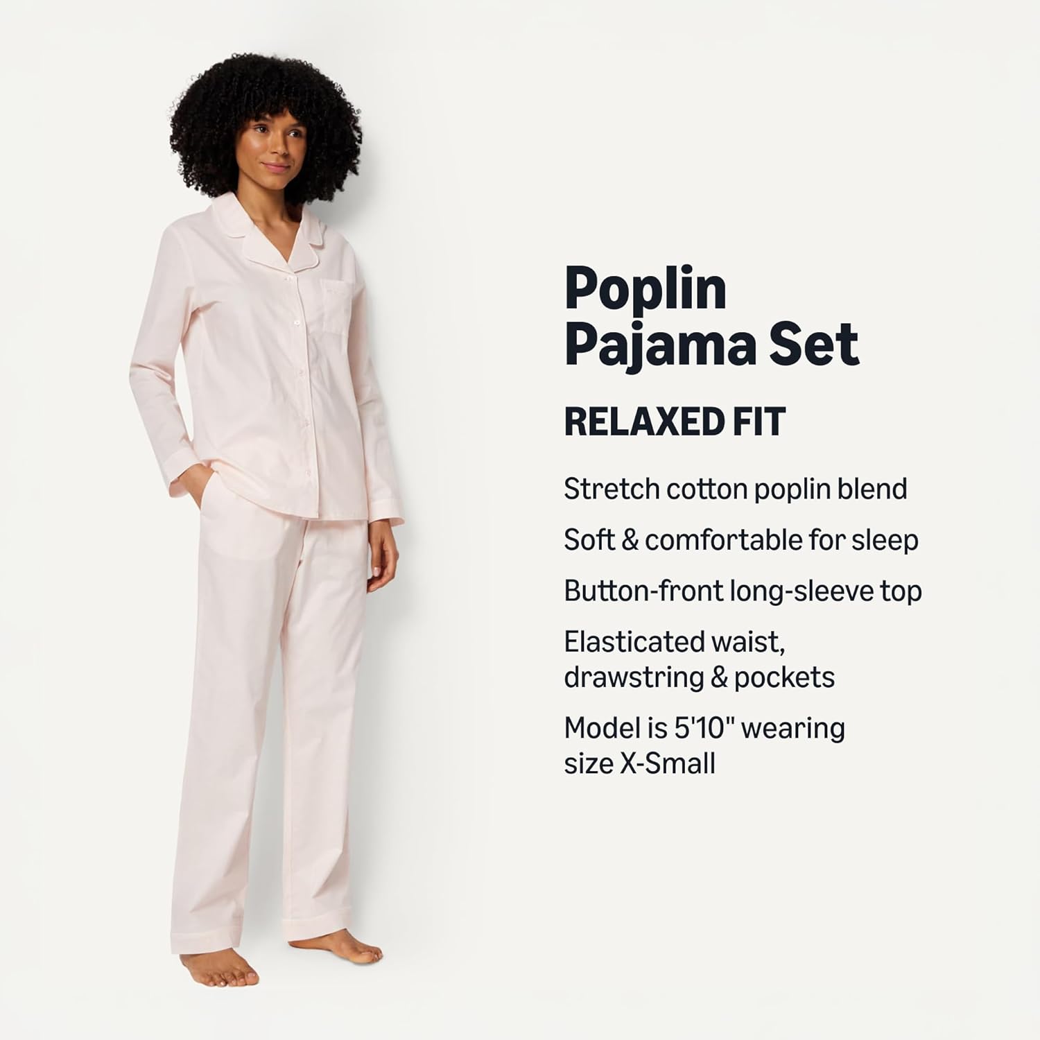 Detalle de Amazon Essentials Women's Cotton Stretch Poplin Pajama Set – Long Sleeve Shirt & Pants