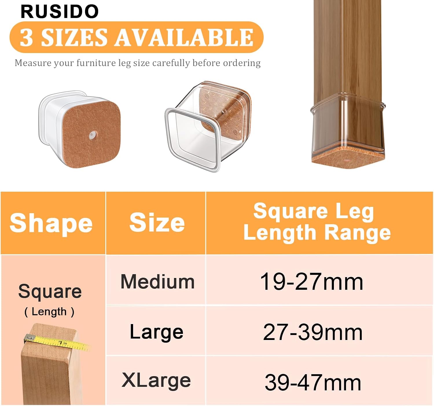 Thumbnail 3 de RUSIDO 35 Pezzi Gommini per Sedie Quadrati: Protezione anti Graffi e Riduzione Rumore in Silicone